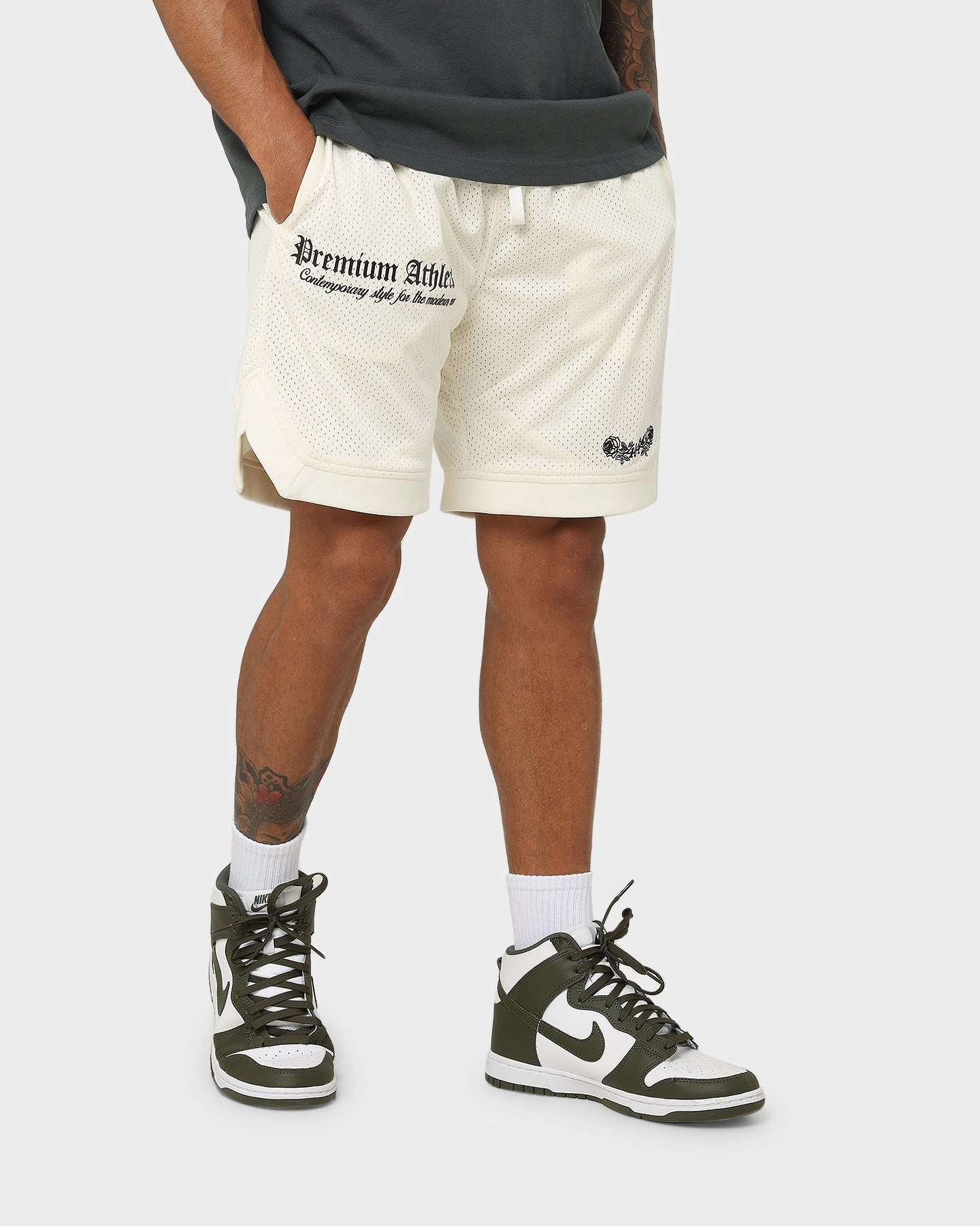 404 Premium Athletics Basketball Shorts Off White Active Look