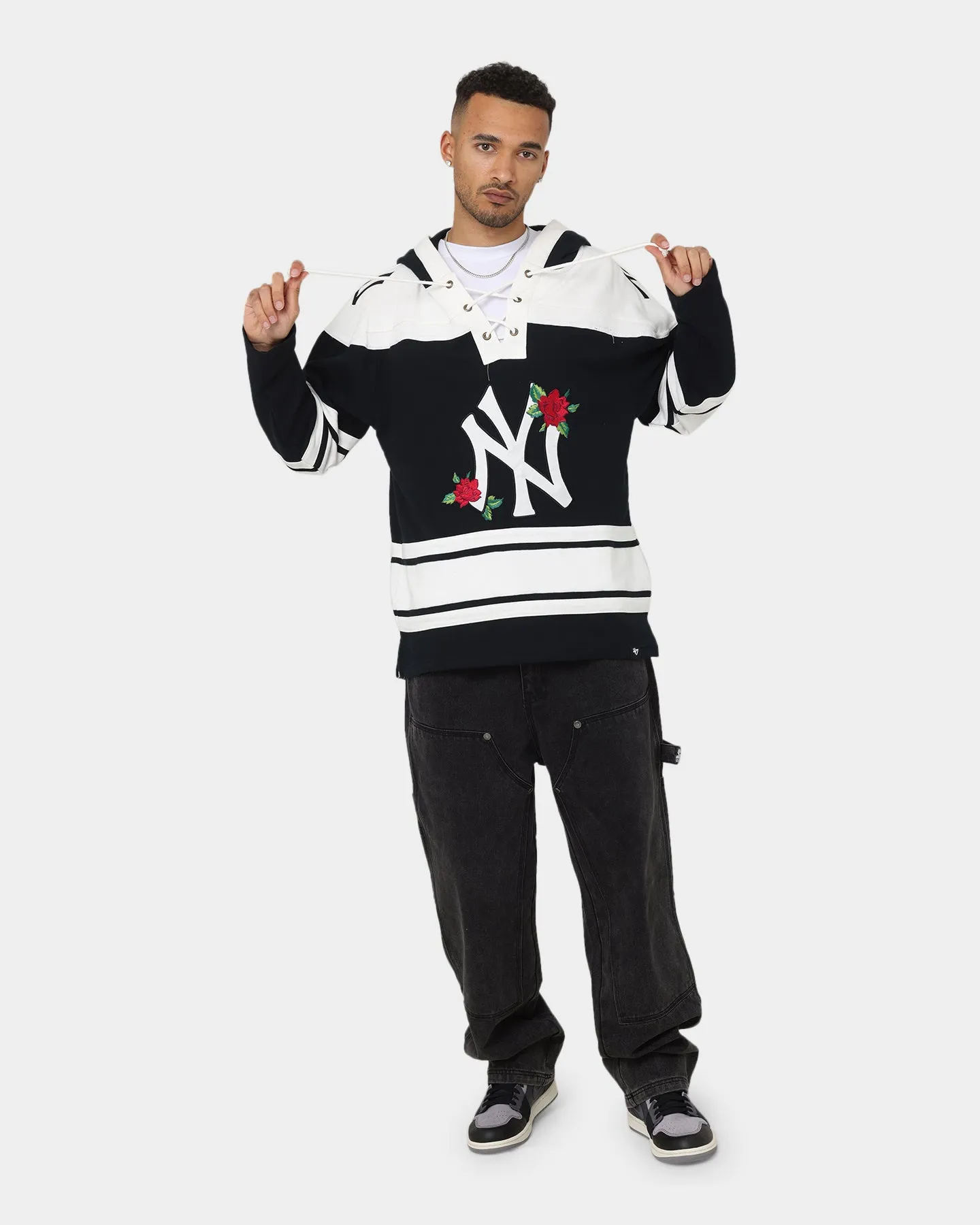 Collarless 47 Brand New York Yankees Superior Lacer Hoodie Black