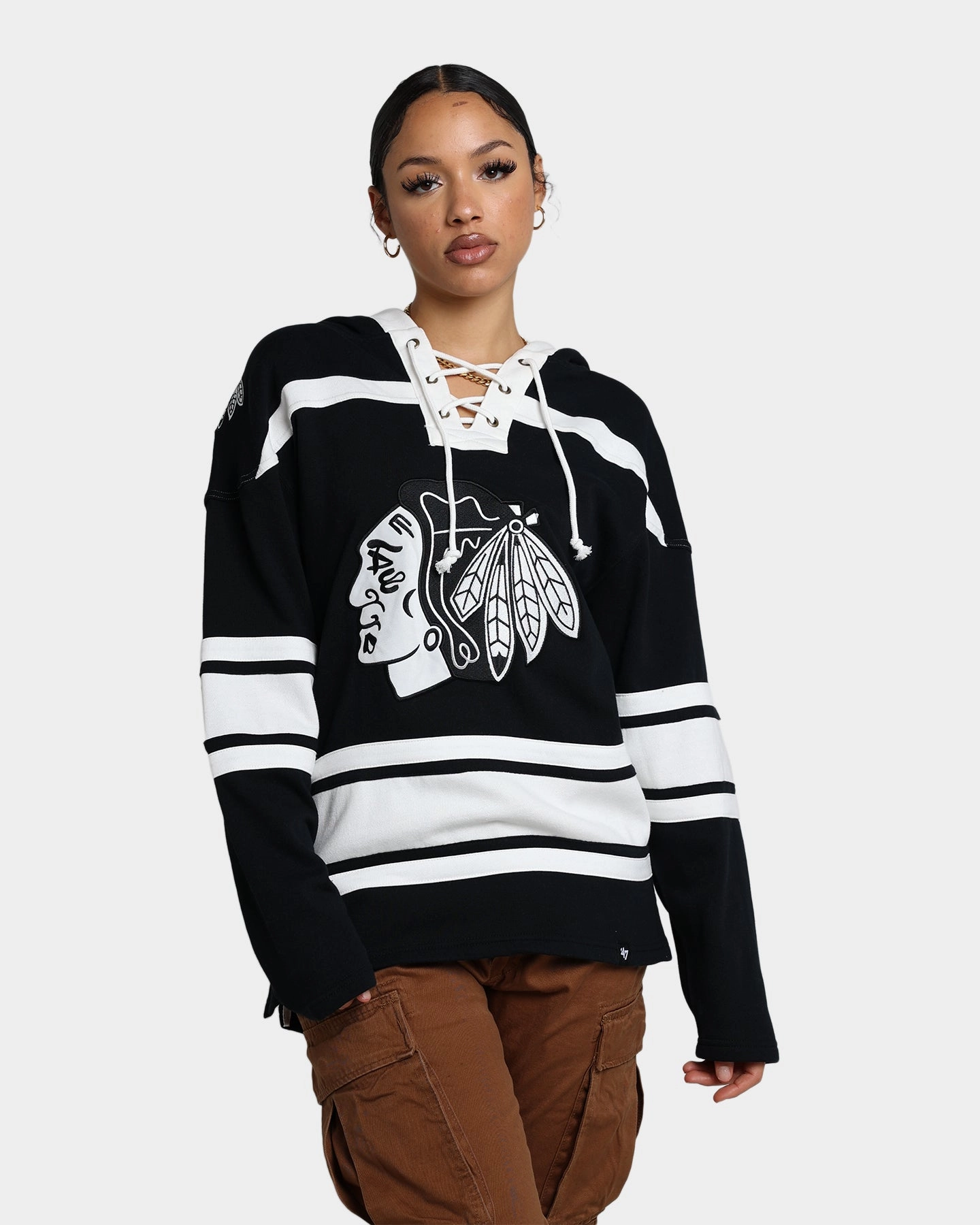 Adjustable Waistband Broadcast 47 Brand Chicago Blackhawks Superior Lacer Hoodie Jet Black
