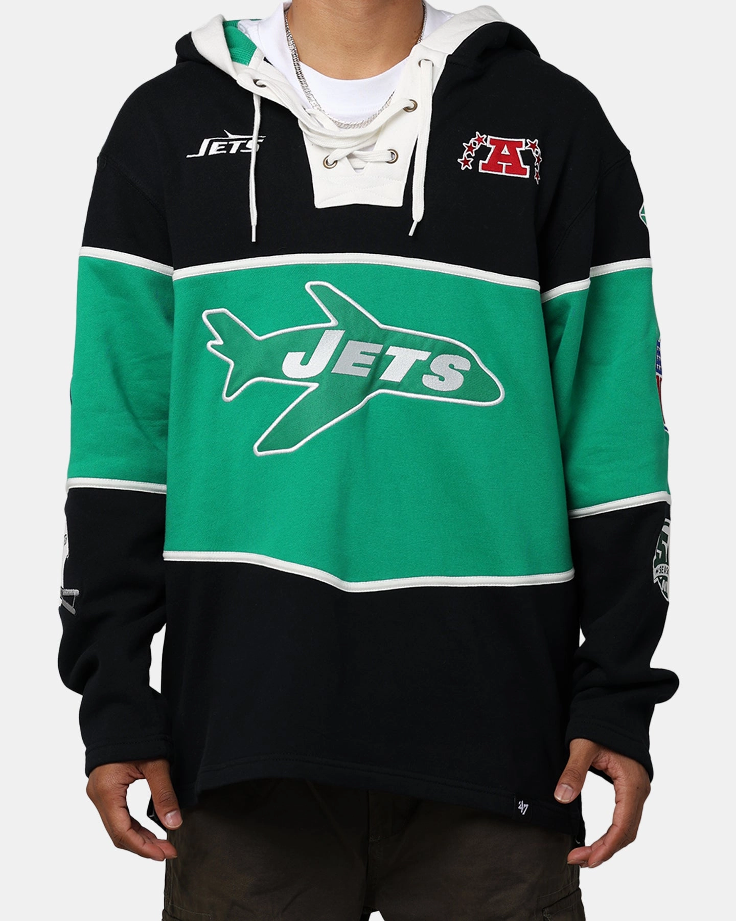 Smart Casual ZipperClosure 47 Brand New York Jets Super Bowl Gridiron Lacer Hoodie Jet Black