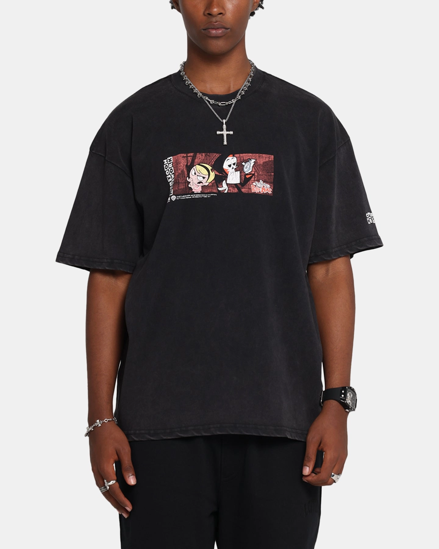 73 Studio X Cartoon Network Bill & Mandy Box Logo Vintage T-Shirt Black Acidwash Timeless Look Durable Ribbed Hem
