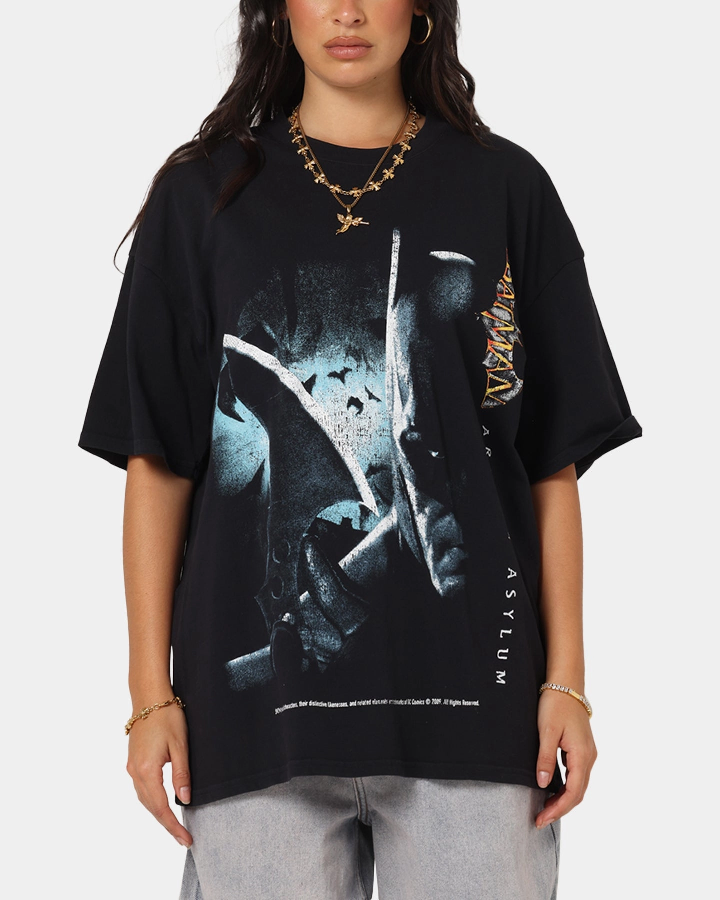 Active Fashion Floral Pattern 73 Studio X DC Batman Arkham Asylum Vintage T-Shirt Black Acidwash