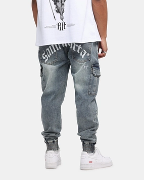 Saint Morta Gothic Cargo Joggers Dirty Denim Multi Pocket System Erasable Logo Patch