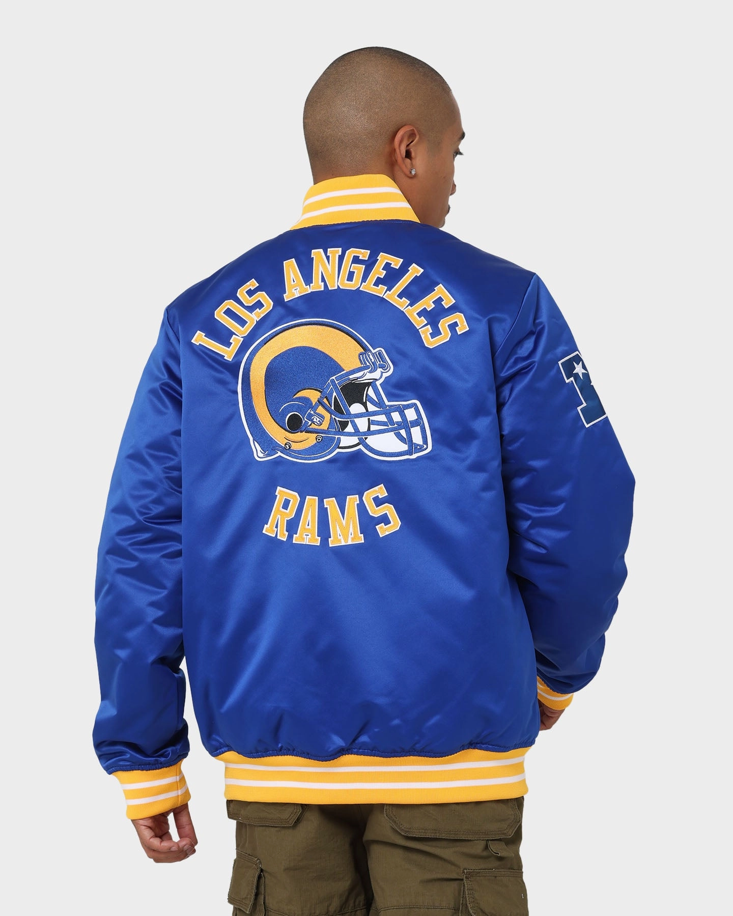 Mitchell & Ness Los Angeles Rams Heavyweight Satin Jacket Royal Reinforced Shoulder Panels Durable Quality