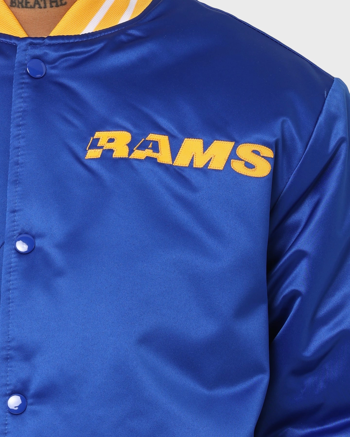Mitchell & Ness Los Angeles Rams Heavyweight Satin Jacket Royal Surf Storm Shield