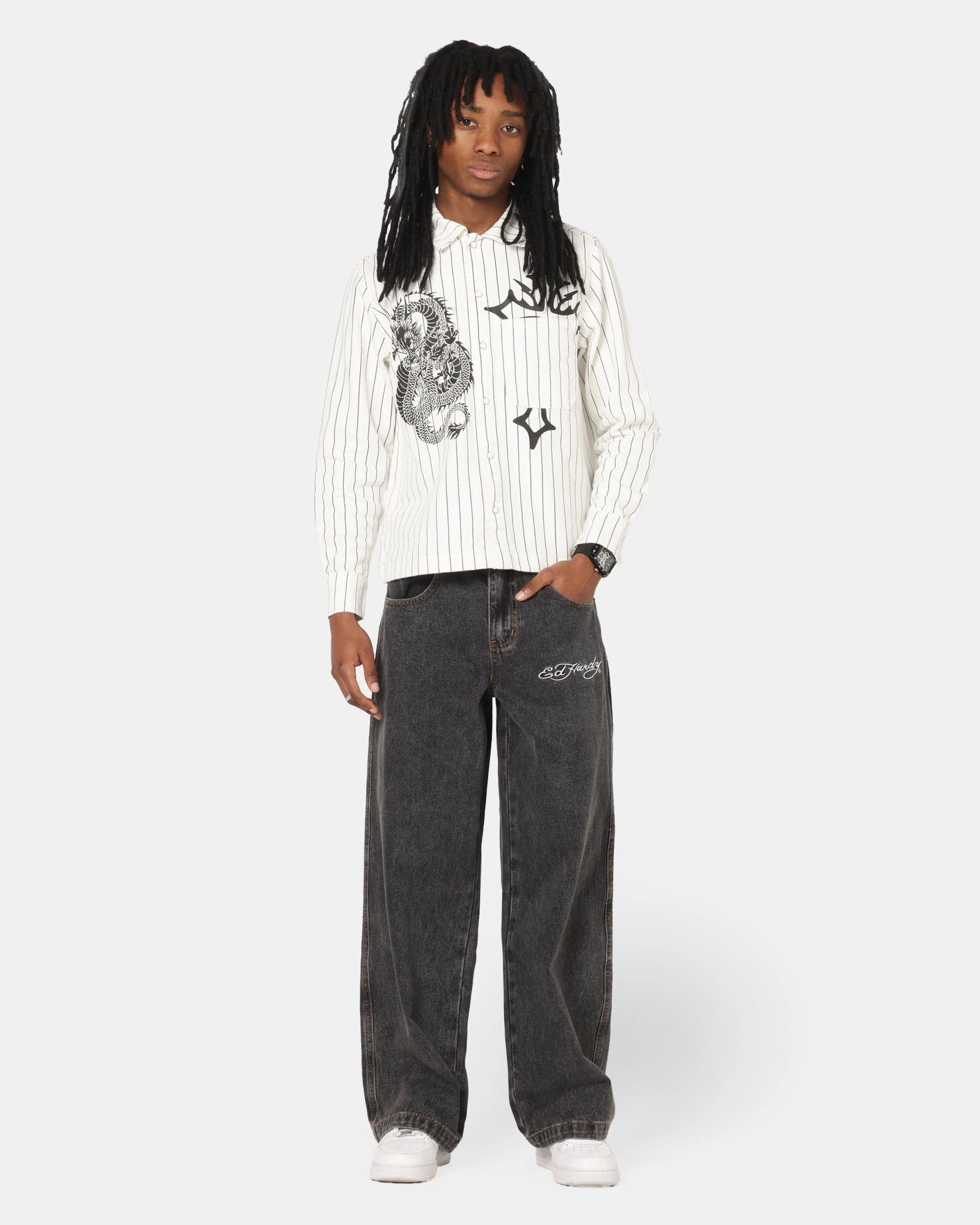 Soft and Cozy Sweat Wicking Lining Ed Hardy Wide Leg Jeans Black