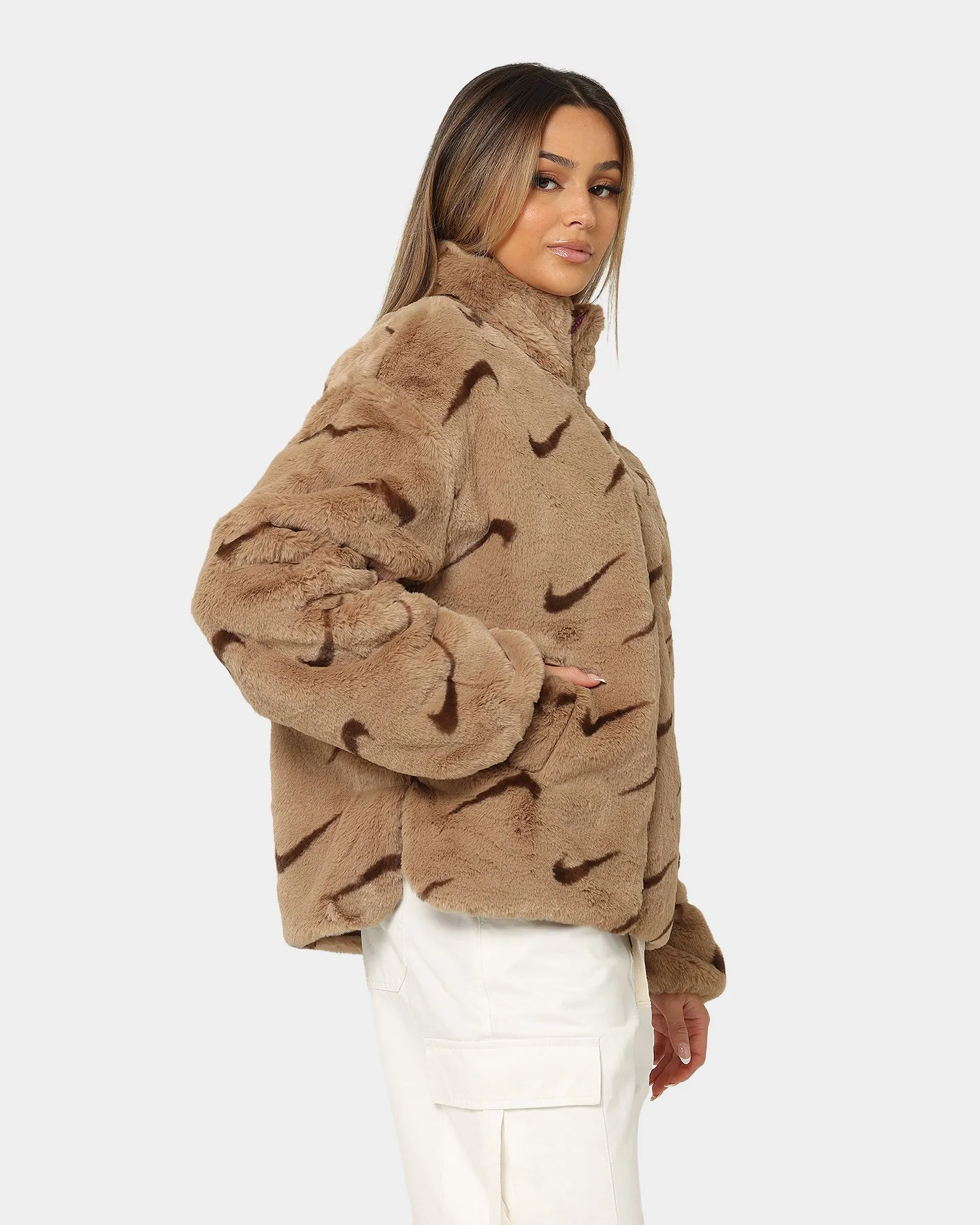 Nike Women's Nike Sportswear Faux Fur All Over Print Dark Driftwood YKK Zipper Hardware Meditation