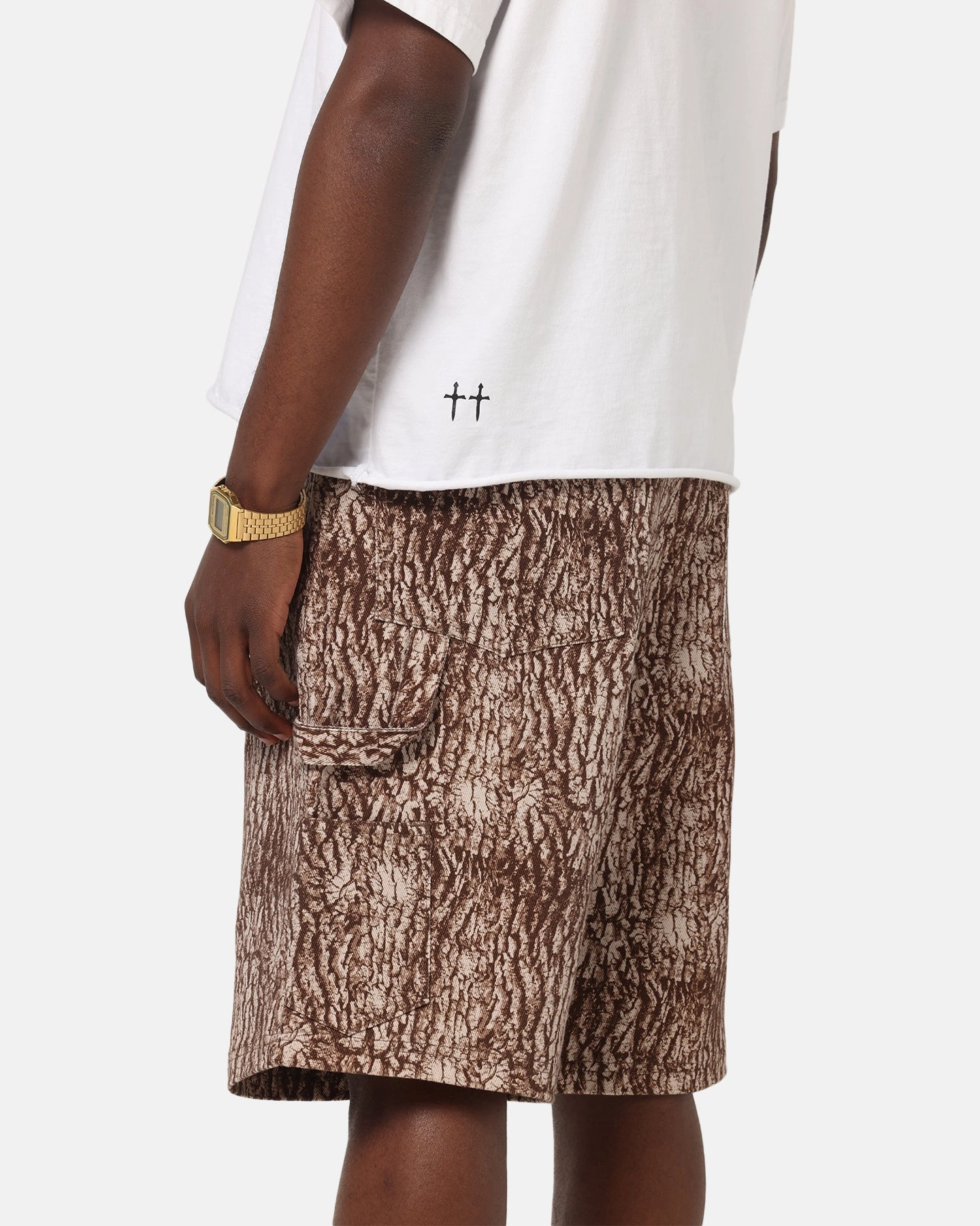 snap closure Carre Carpenter Jorts Tree Bark