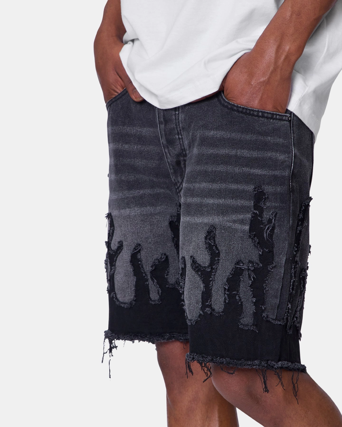 MNML Flame Denim Shorts Washed Black tie-dye look Walk Easy