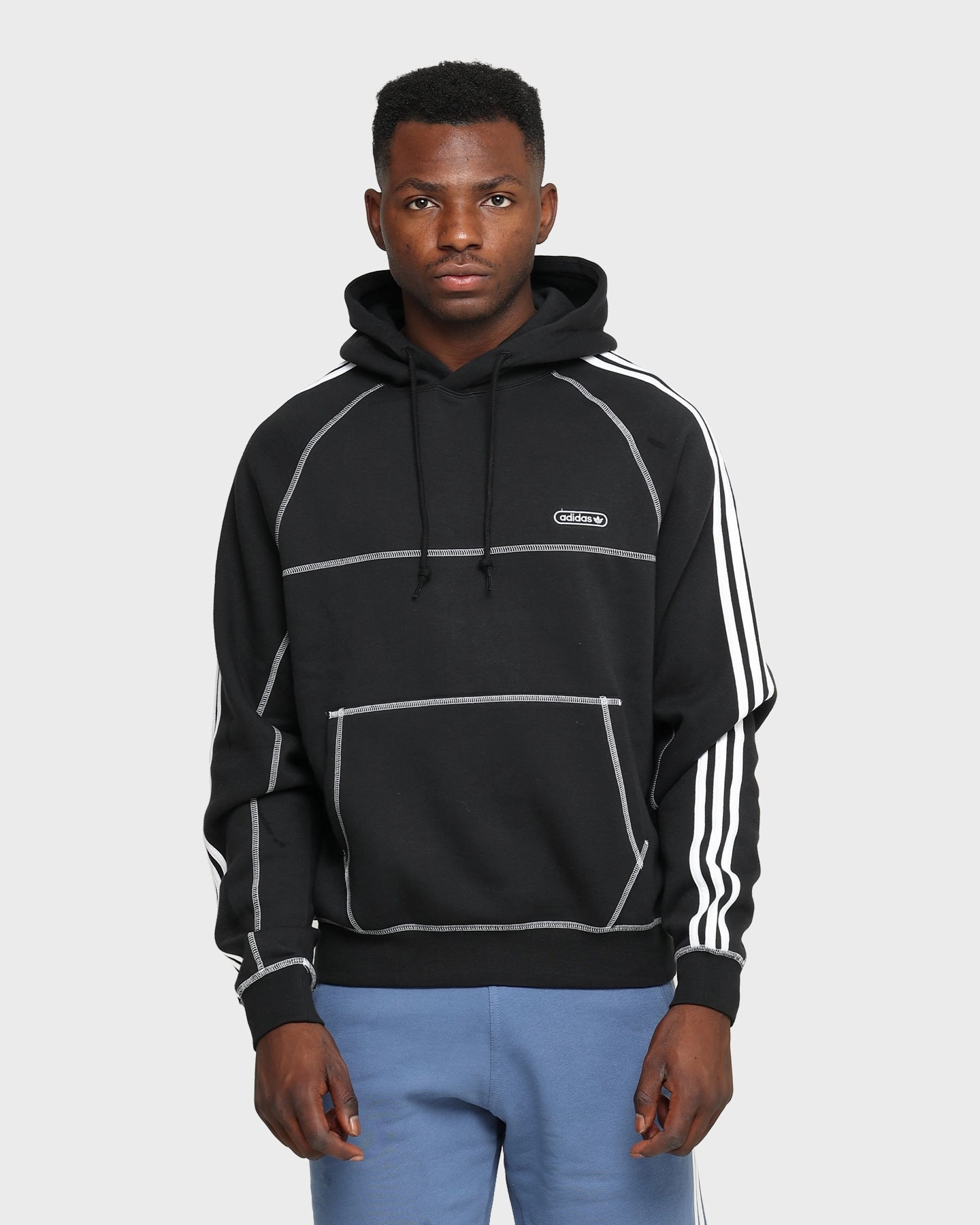 Adidas Contrast Stitch Hoodie Black Solid Color Labor