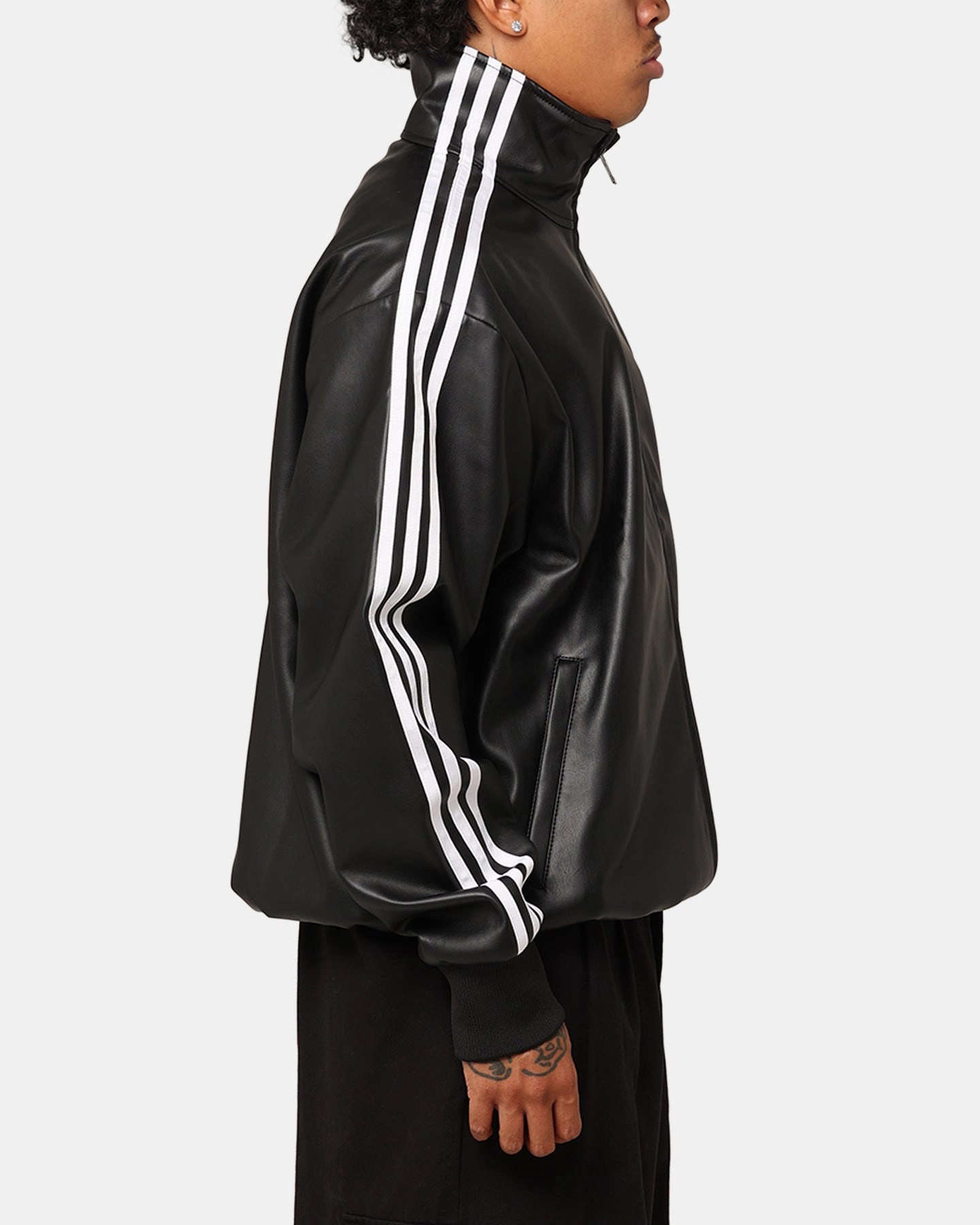 Generosity Adidas Faux Leather Adicolour 3-Stripes Loose Firebird Tracksuit Jacket Black