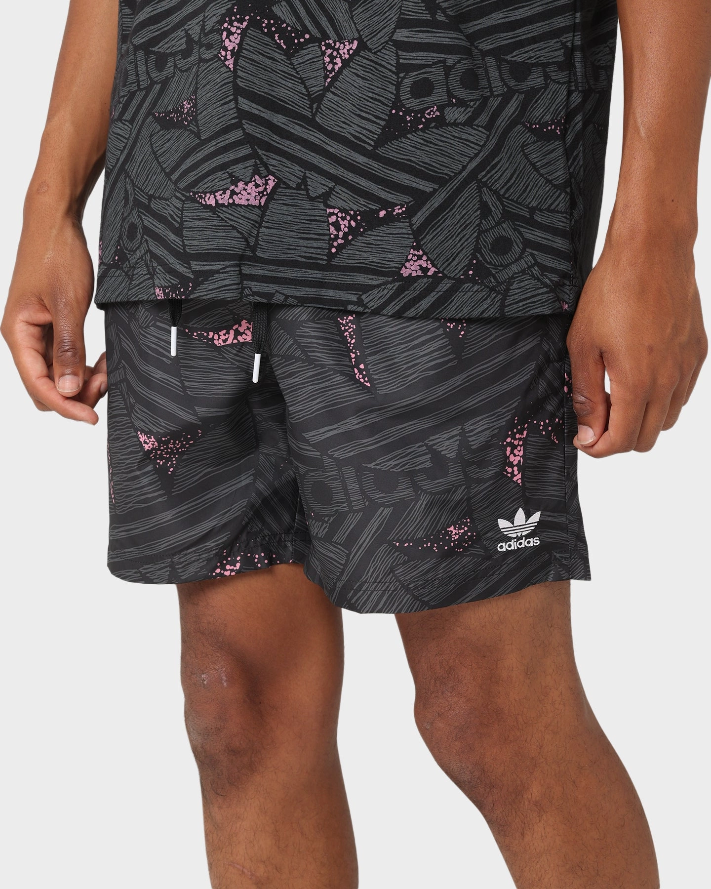 Adidas Trefoil All Over Print Swim Shorts Black/Grey Sox snap closure One-of-a-kind