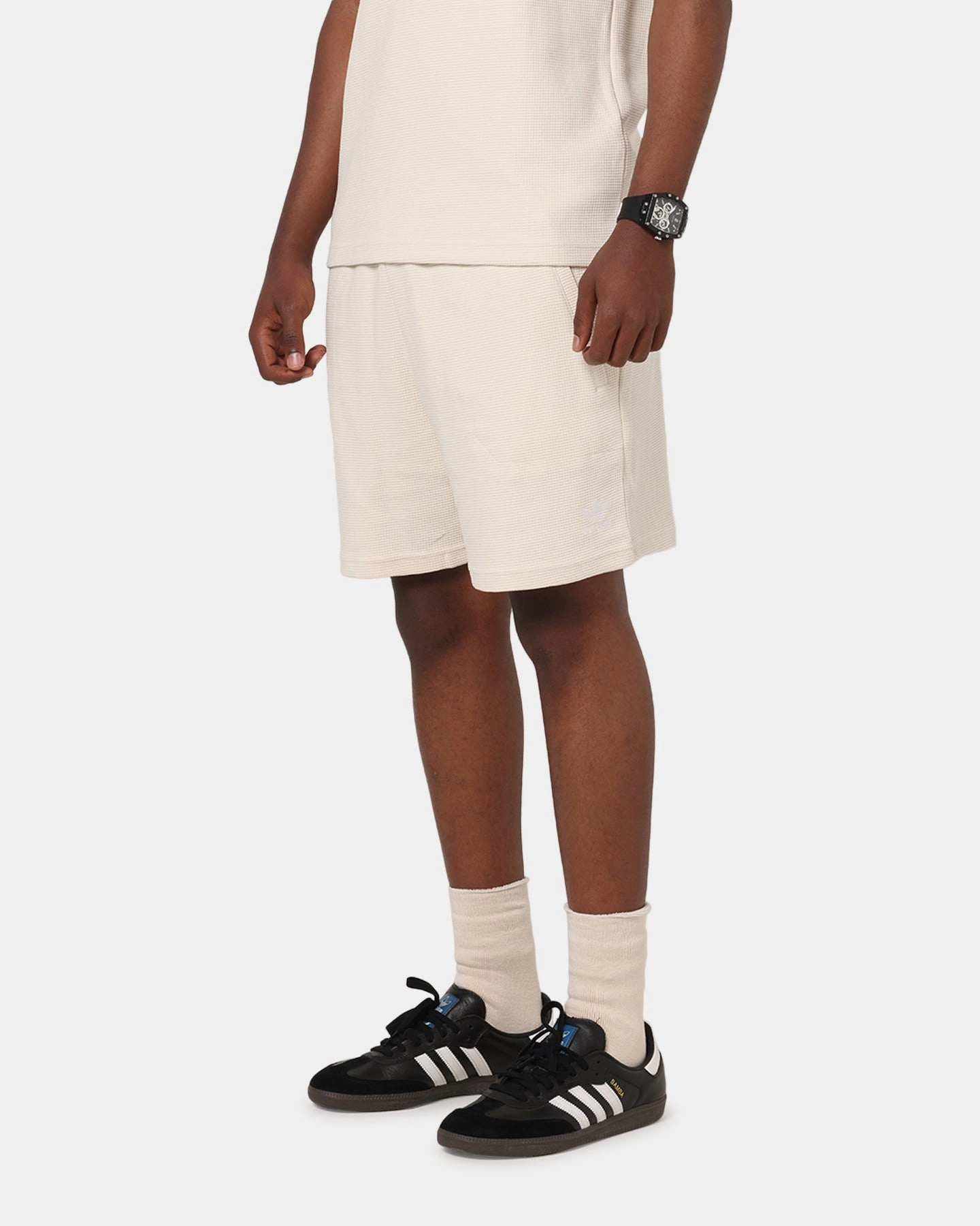 Low Profile Closure System Seamless Integration Adidas Trefoil Essentials Waffle Shorts Wonder White