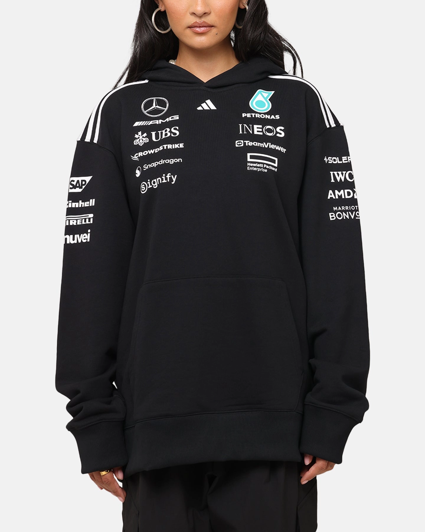 adidas x Mercedes-AMG PETRONAS Formula One F1 2025 Team Hoodie Black/White Shock Absorbent Padding Convertible Features