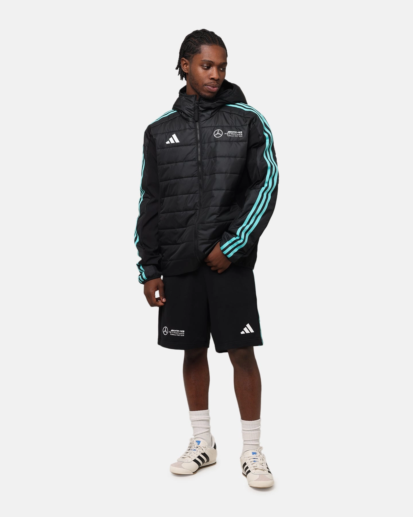 adidas x Mercedes-AMG PETRONAS Formula One F1 DNA Puffer Jacket Black/White Strategy Explain