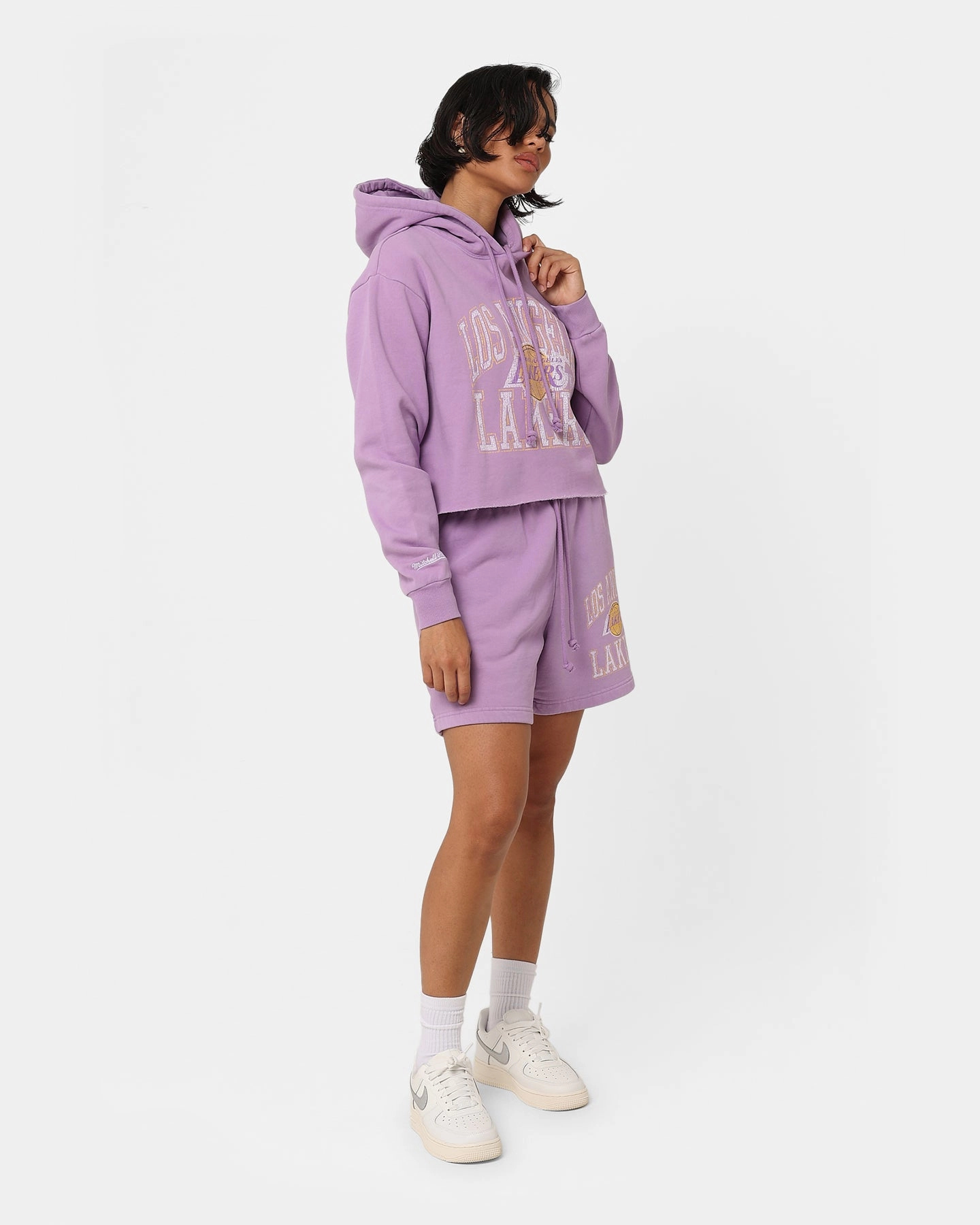 Mitchell & Ness Women's Los Angeles Lakers Arch Logo Crop Hoodie Faded Purple Anti Slip Shoulder Pads