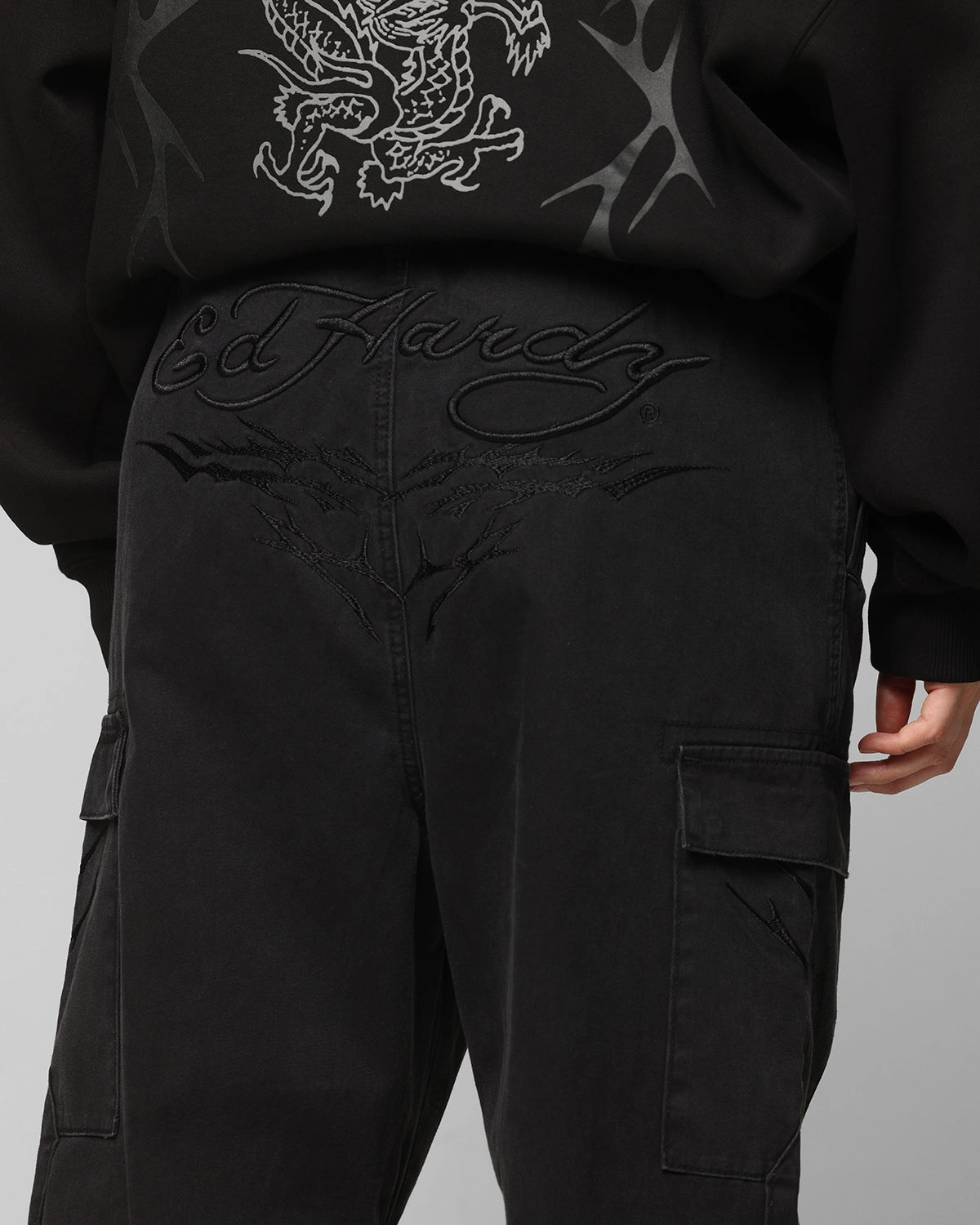 Ed Hardy Electric Cargo Pants Washed Black Contrast Trim Chilly Day Layers