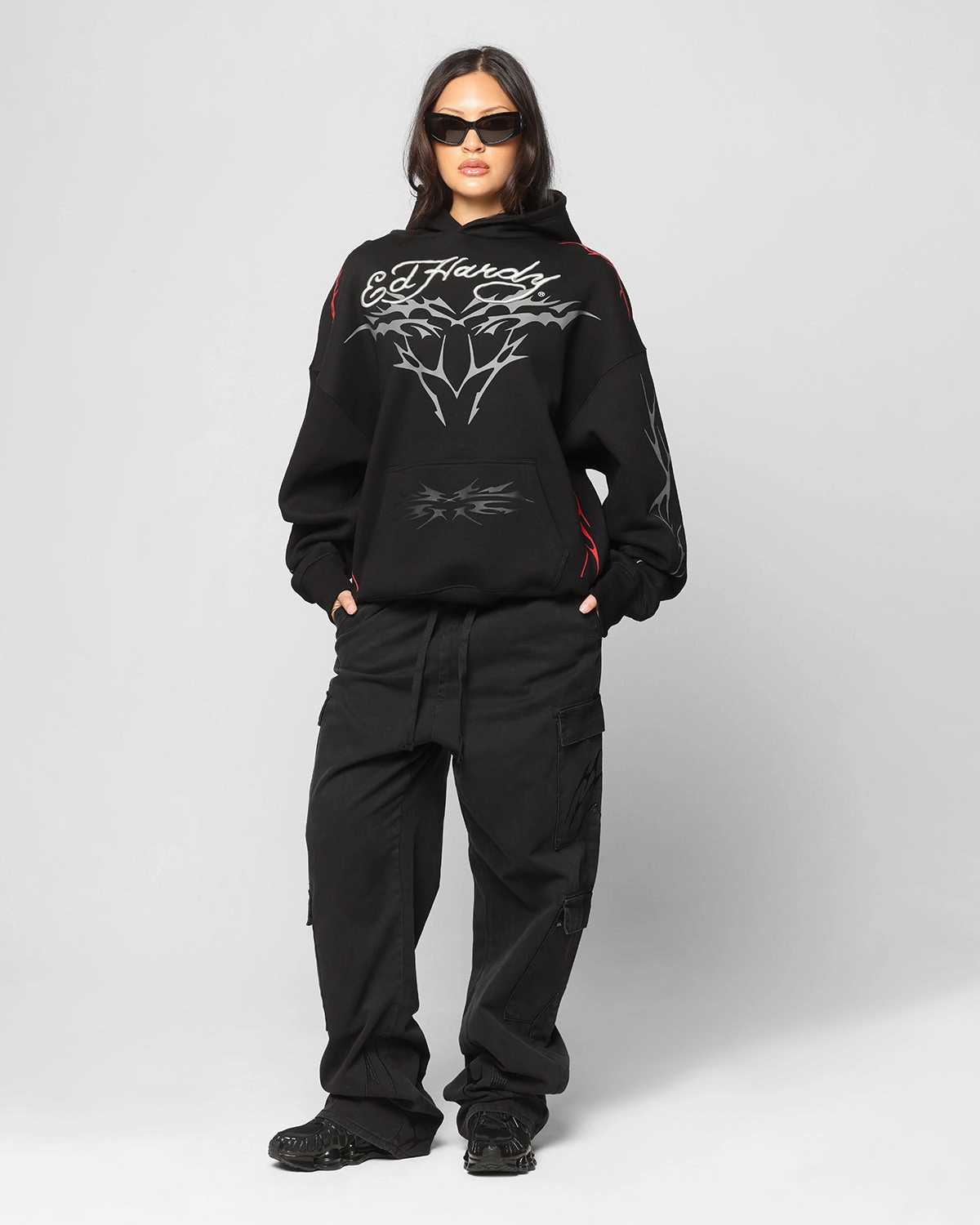 Ed Hardy Electric Cargo Pants Washed Black Non Irritating Seams Roll-up style