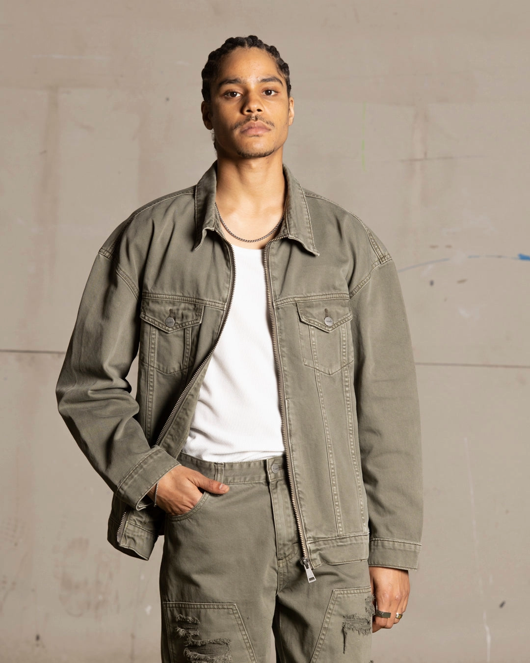 Saint Morta Oversized Denim Jacket Khaki Green Flex Stretch Material