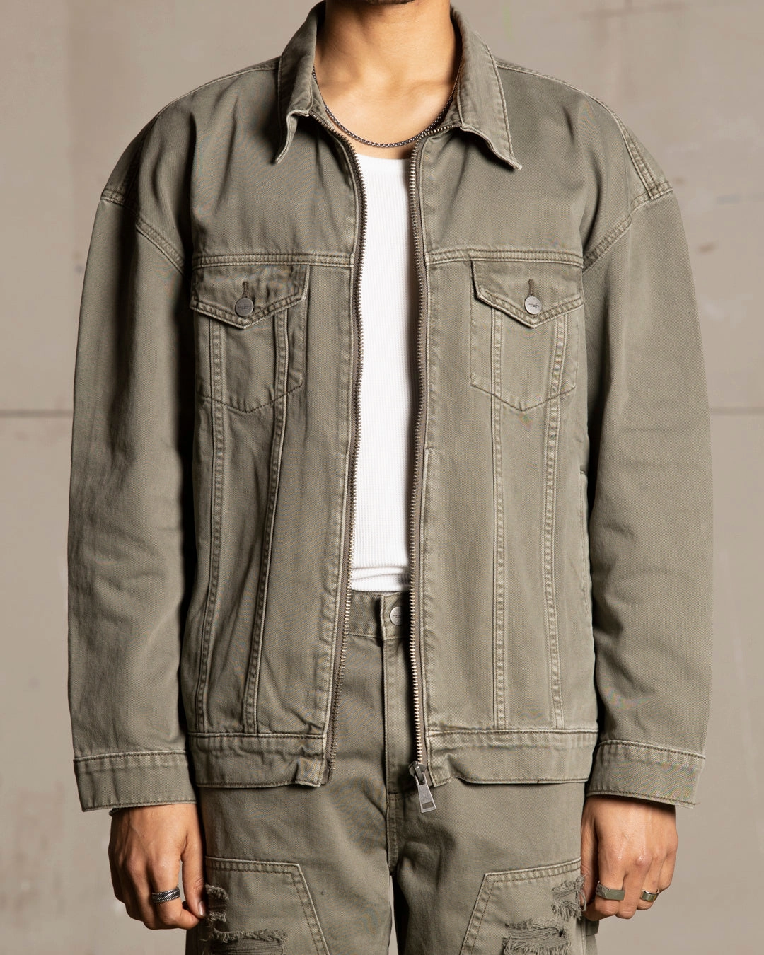 Saint Morta Oversized Denim Jacket Khaki Green music concert divers