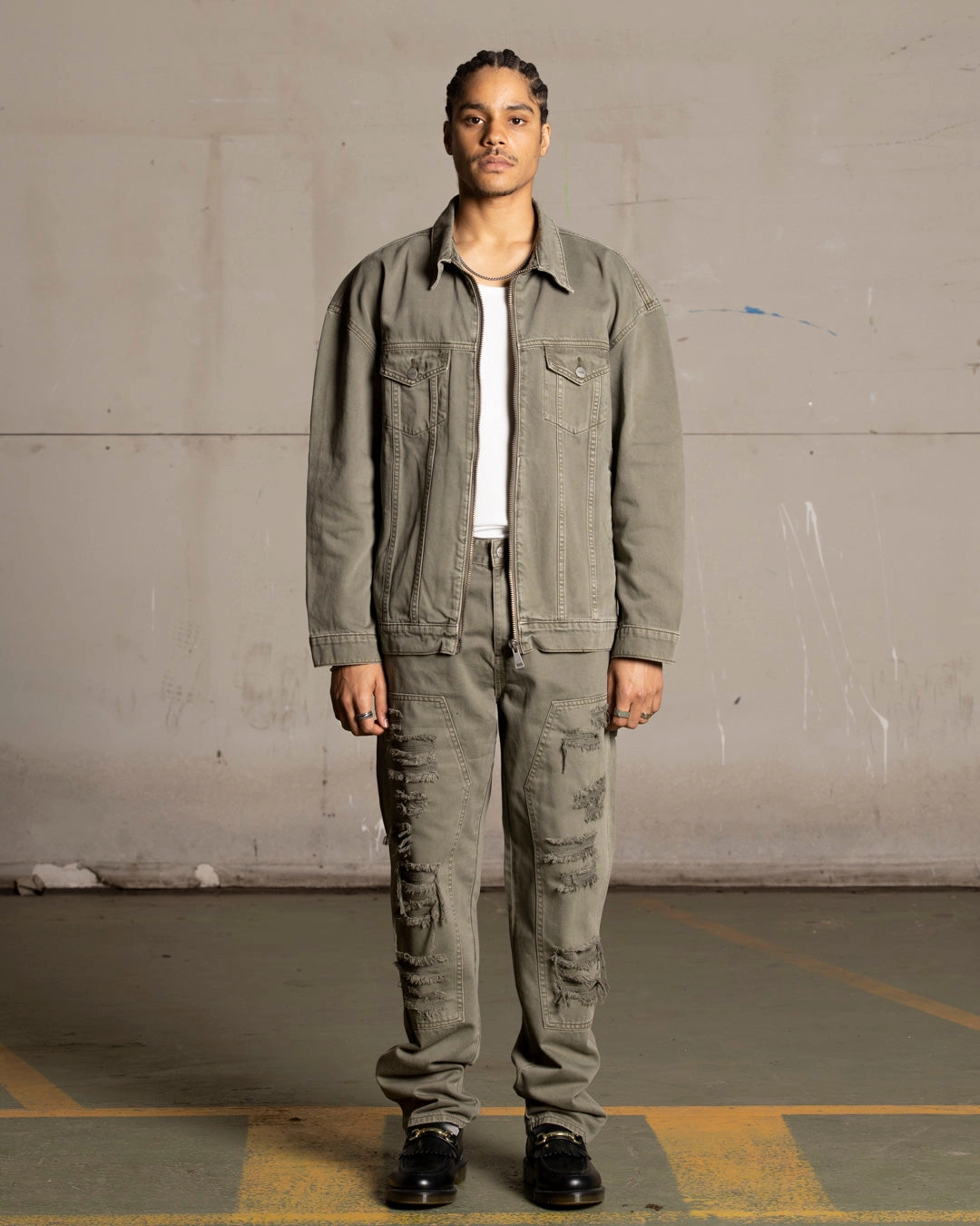 Saint Morta Oversized Denim Jacket Khaki Green theater performance Heavy Duty Hardware