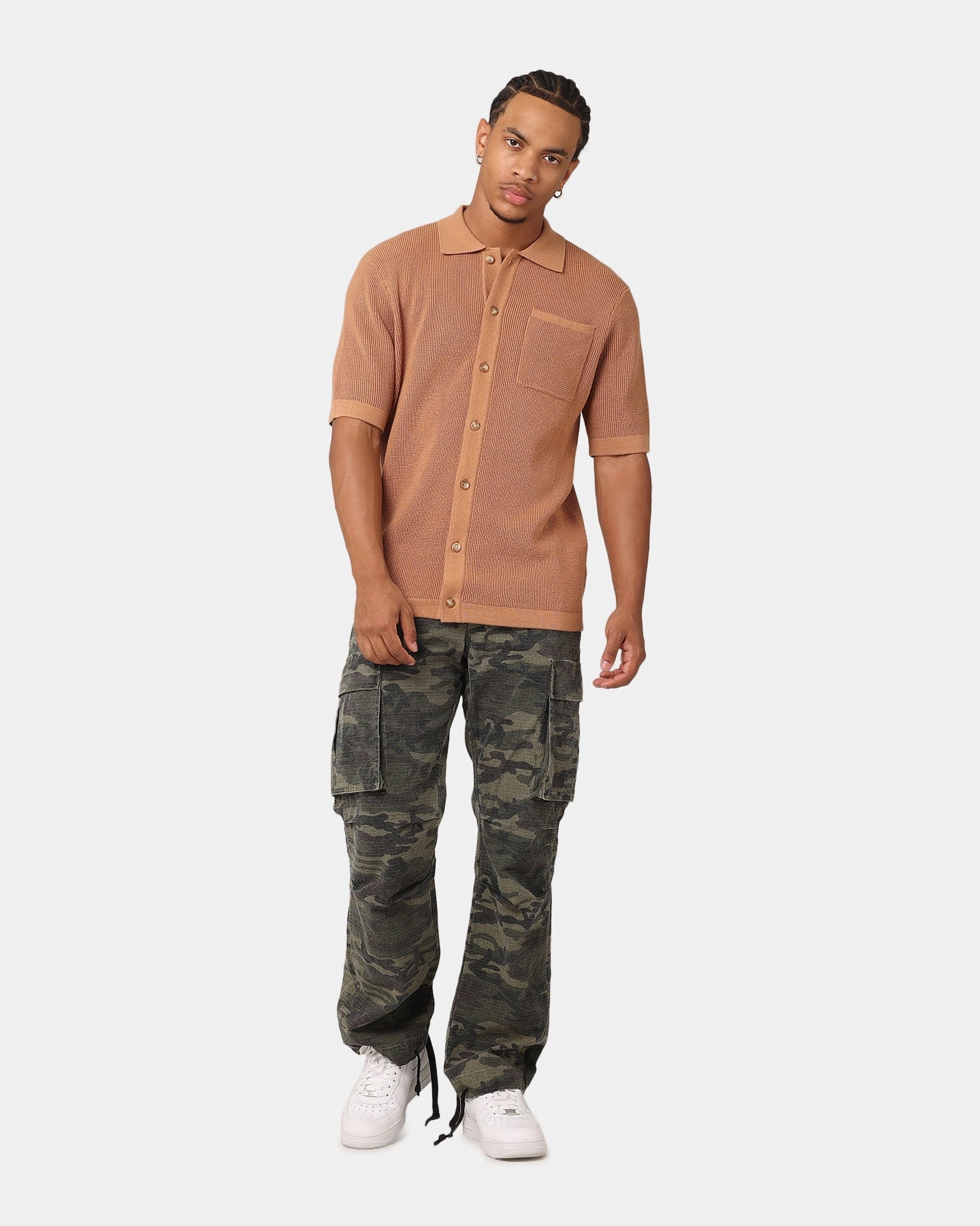 XXIII Zyair Knit Rib Button Up Shirt Mocha Cultural Inspired