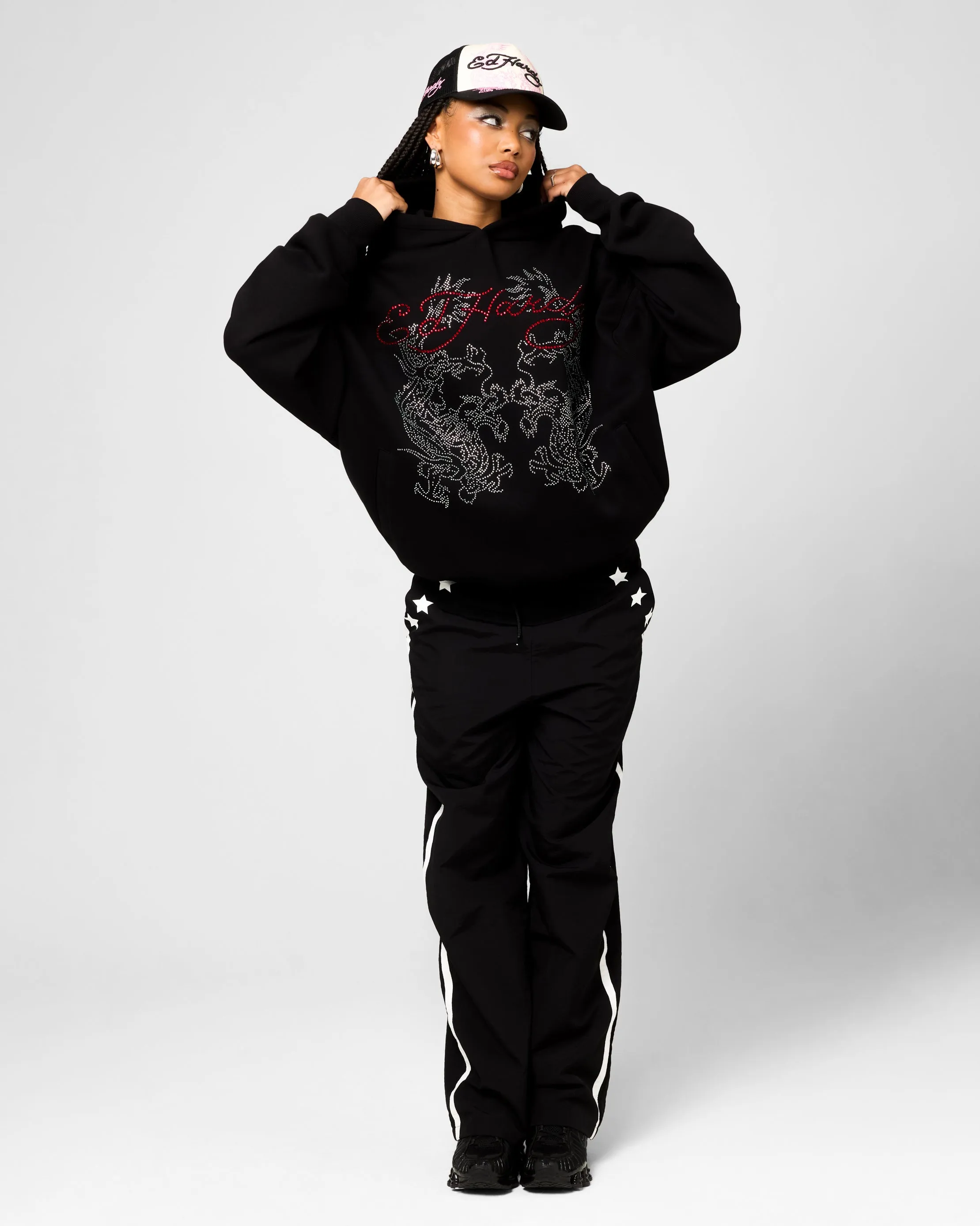 Ed Hardy Rhinestone Dragon Hoodie Black Patched Reflective