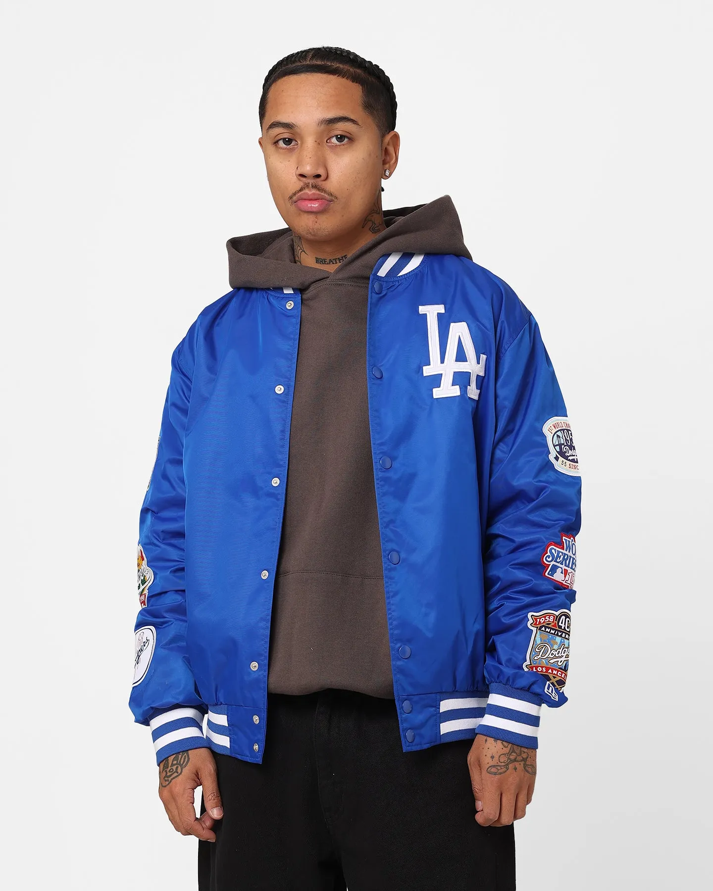 Loop Fastened Hood New Era Los Angeles Dodgers Nylon Varsity Jacket Bright Royal