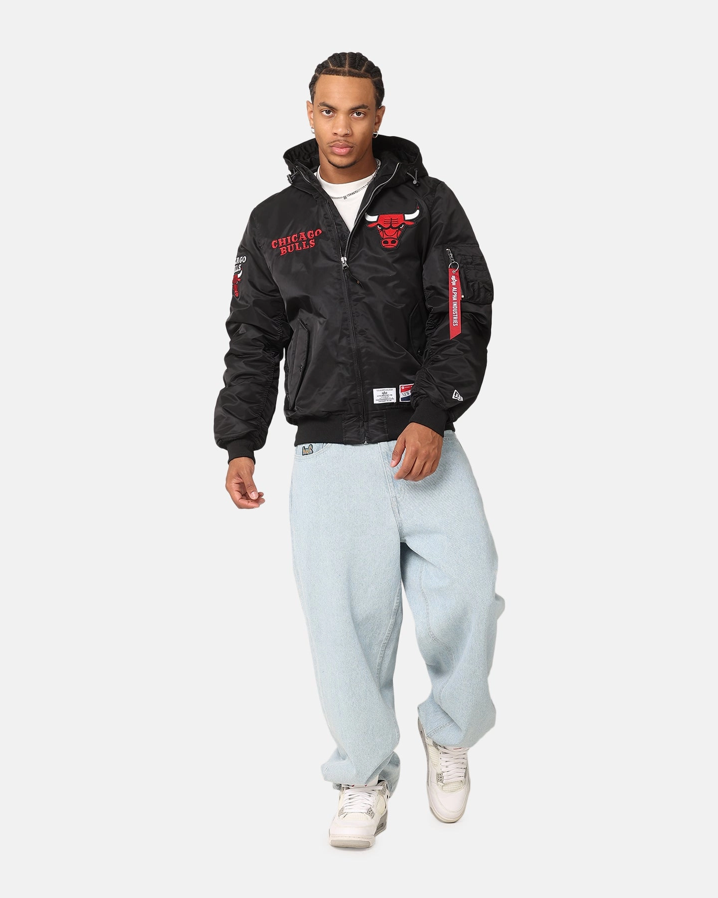 New Era Chicago Bulls Alpha Industries L-2B Hooded Bomber Jacket Black Leather