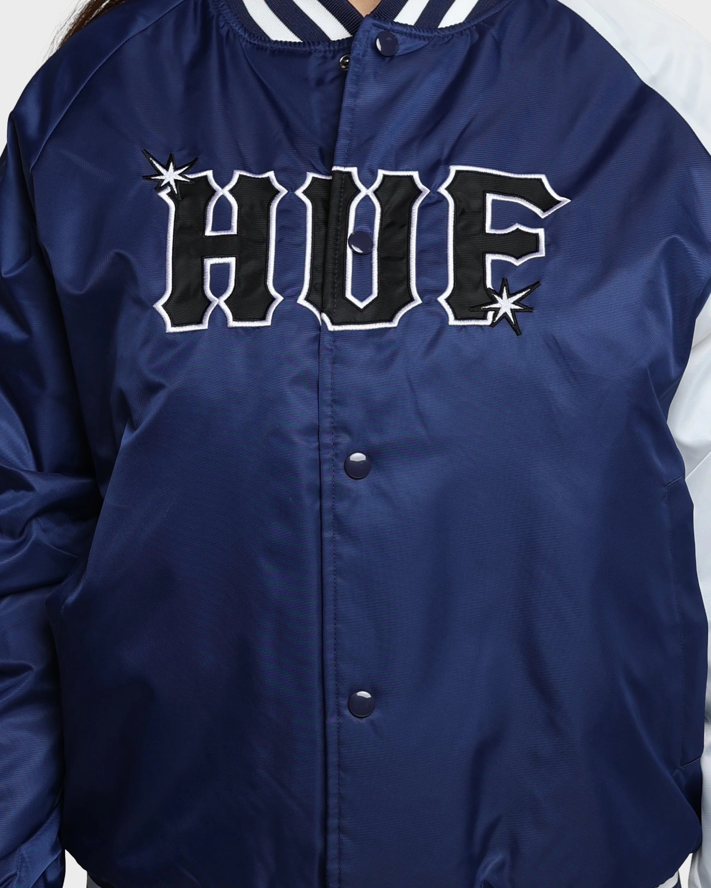 WaterResistantCoating DropShoulder HUF Satin Baseball Jacket Navy
