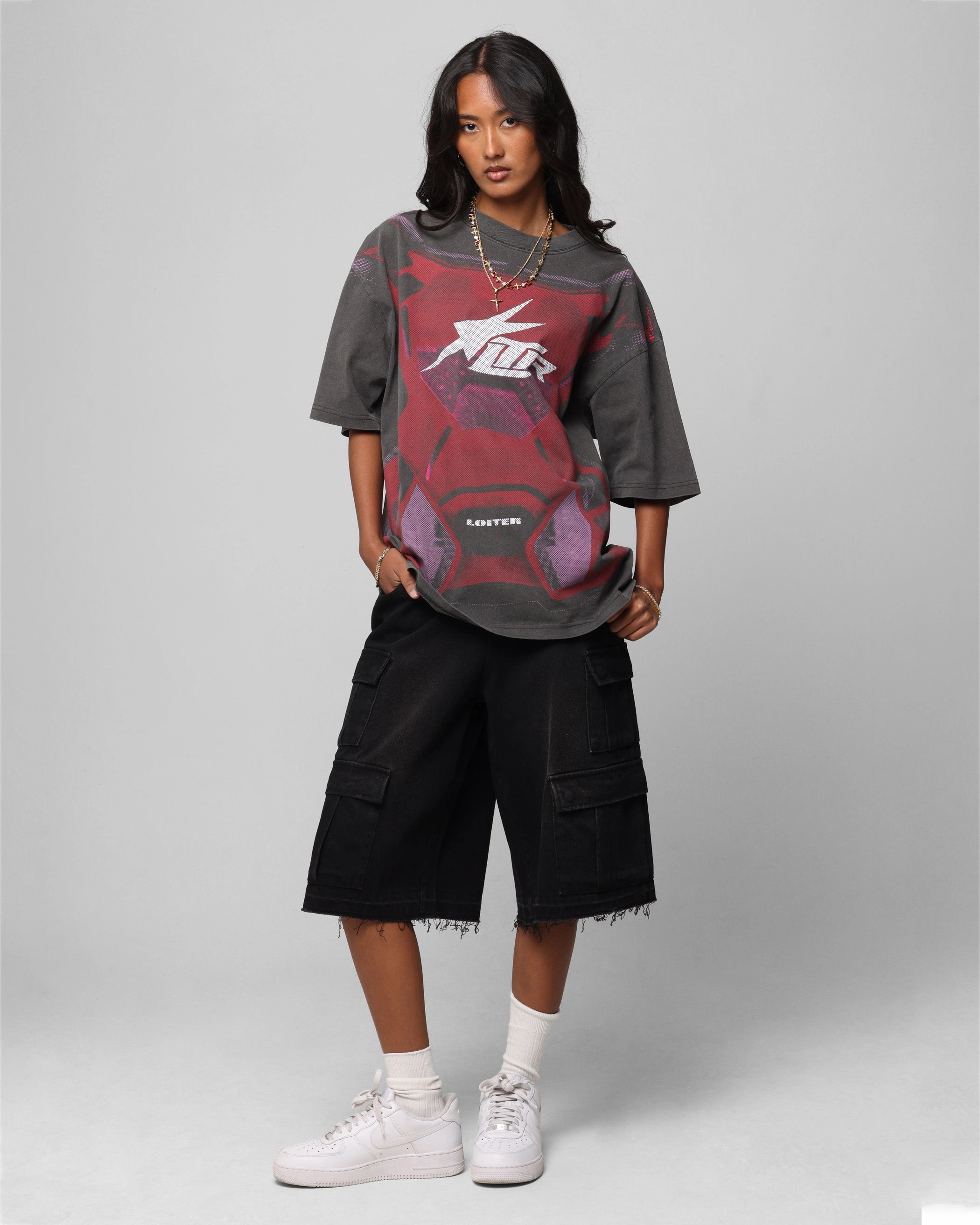 Loiter Motocross Vintage T-Shirt Charcoal/Red Comfortable Layering dry cleanable