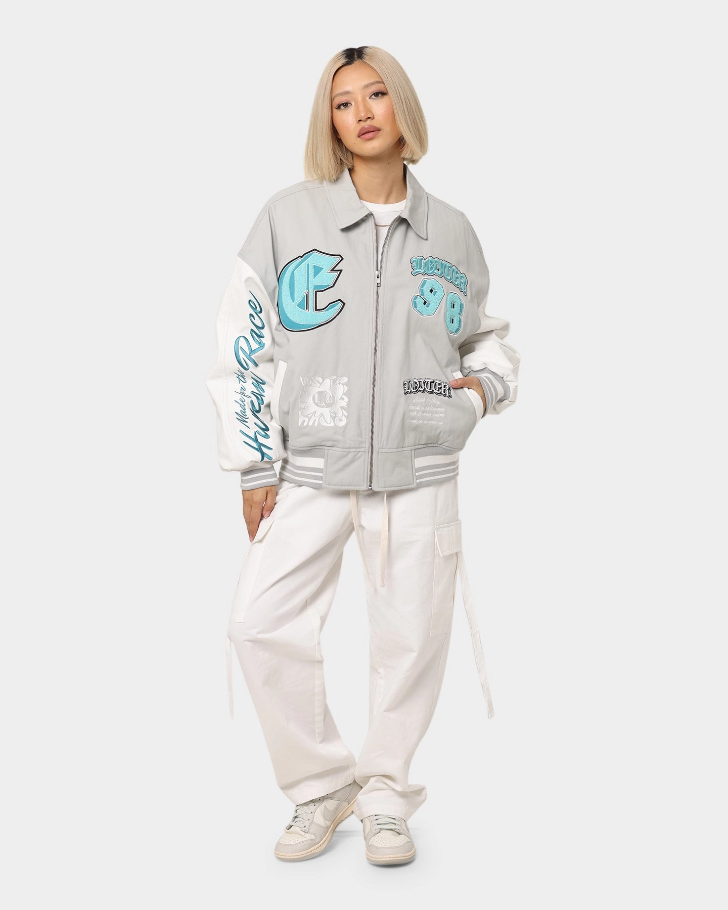 Shock Absorbent Padding Mousse Loiter Ethereal Varsity Jacket Light Grey