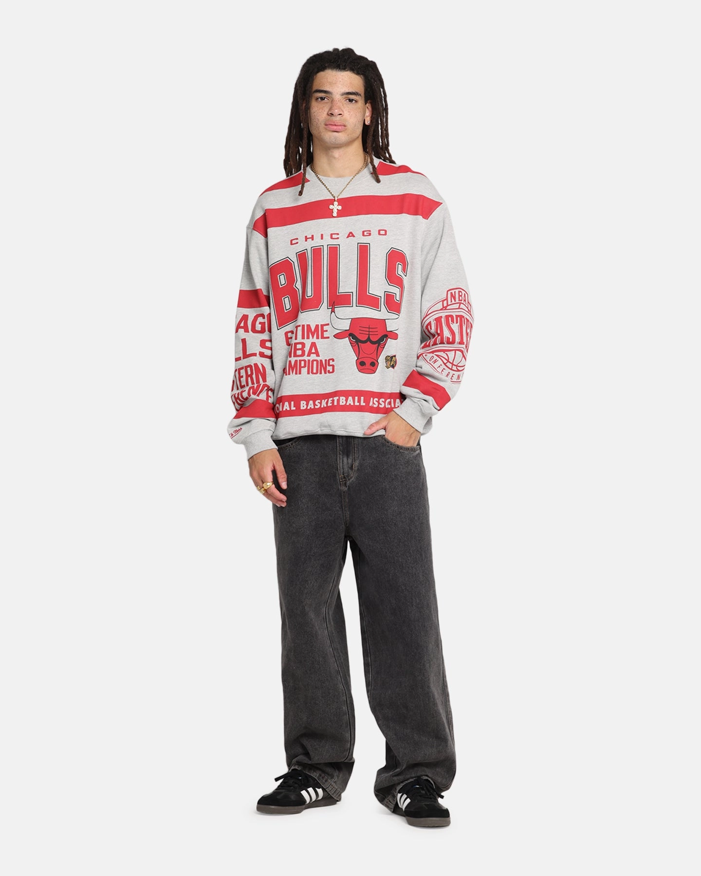 Long Lasting Elasticity Comfy Knit Look Mitchell & Ness Chicago Bulls Letterform Crewneck Grey Marle/Official Team Color