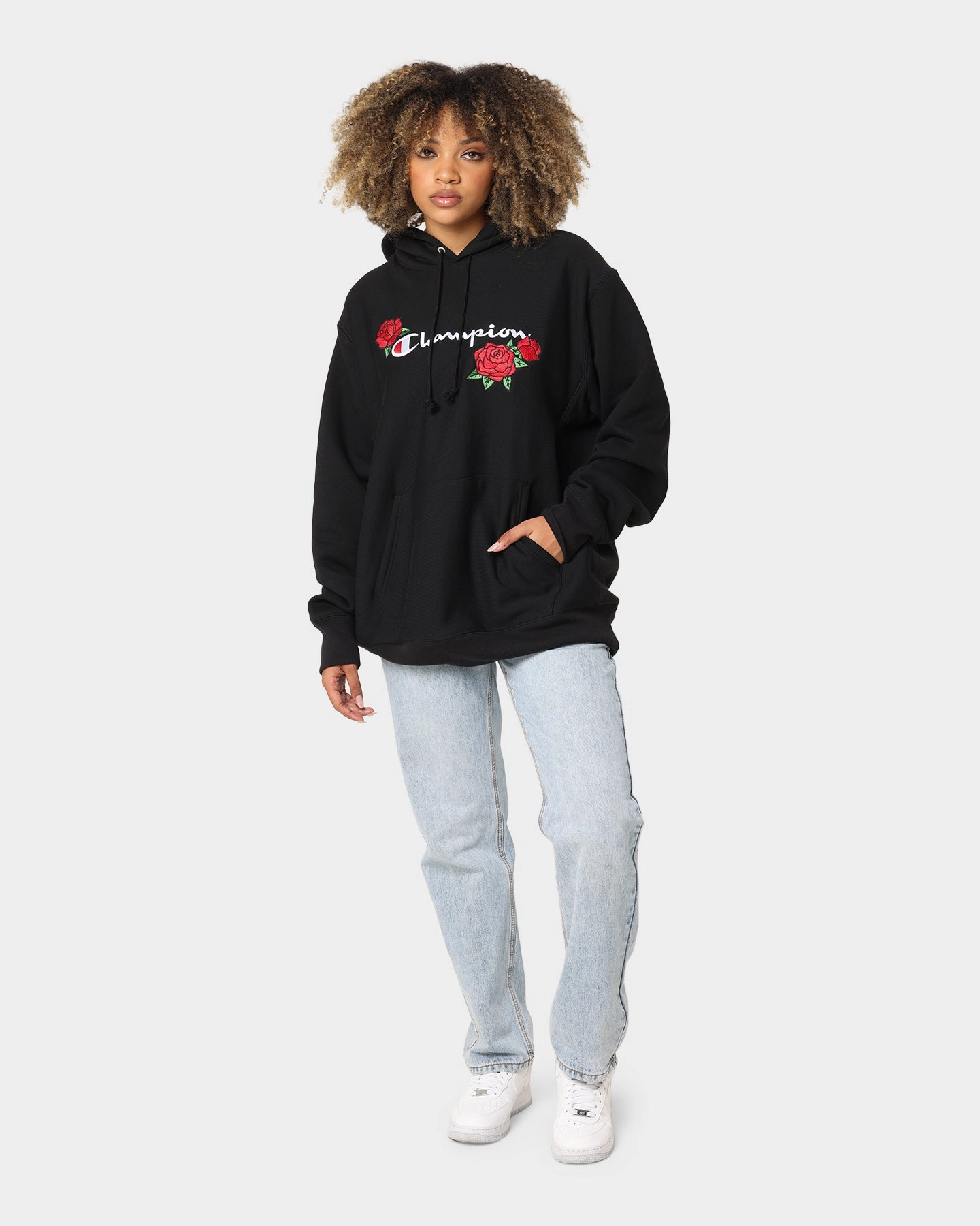 Dual Zip Functionality Champion Reverse Weave Roses Embroidery Hoodie Black