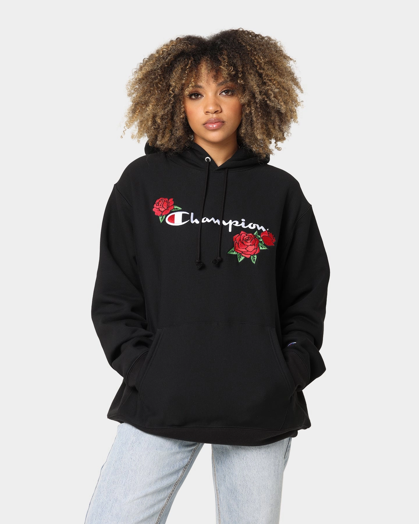 Durable Seams Champion Reverse Weave Roses Embroidery Hoodie Black