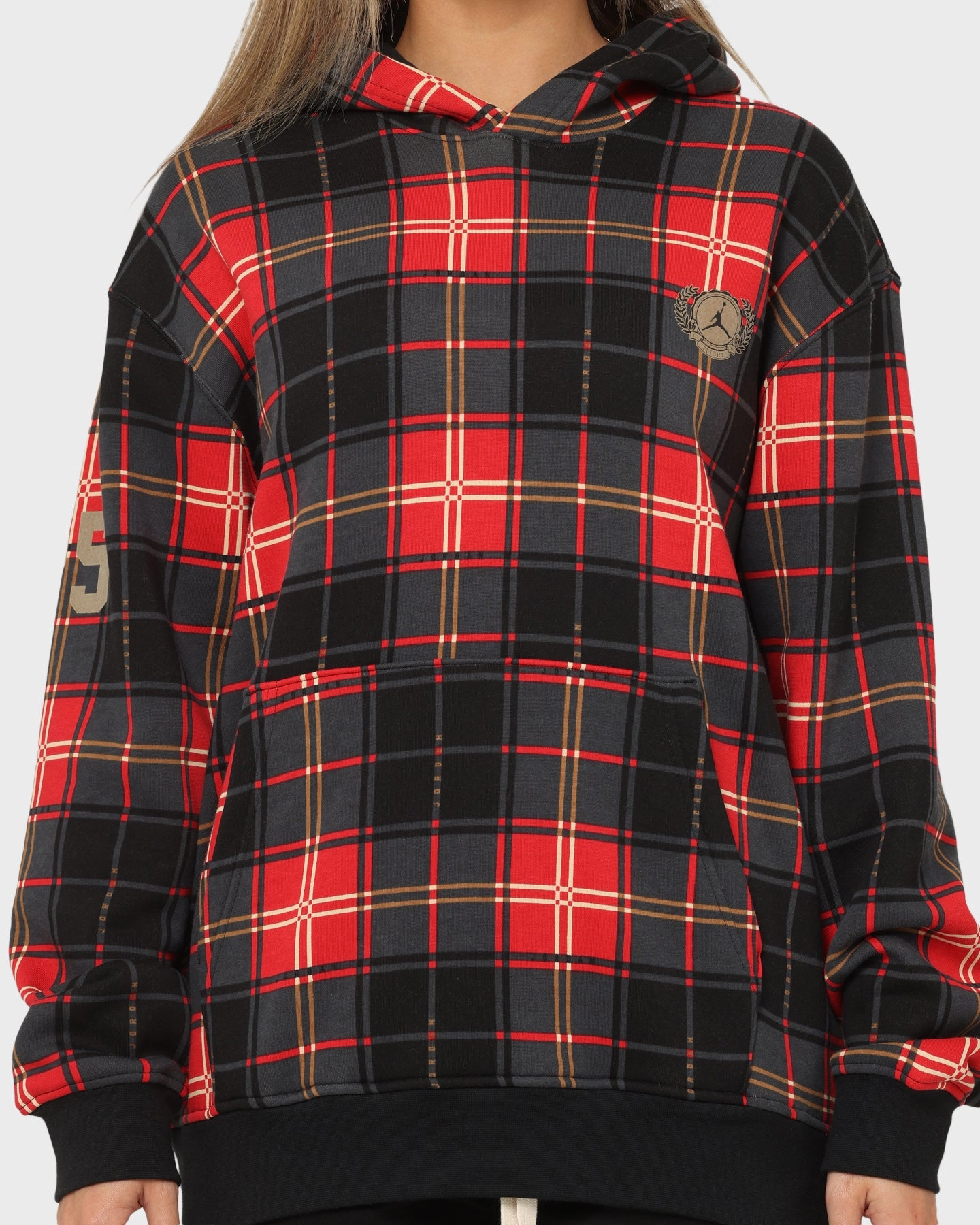 Jordan Essential Holiday Plaid Fleece Pullover Hoodie Fire Red Alarm
