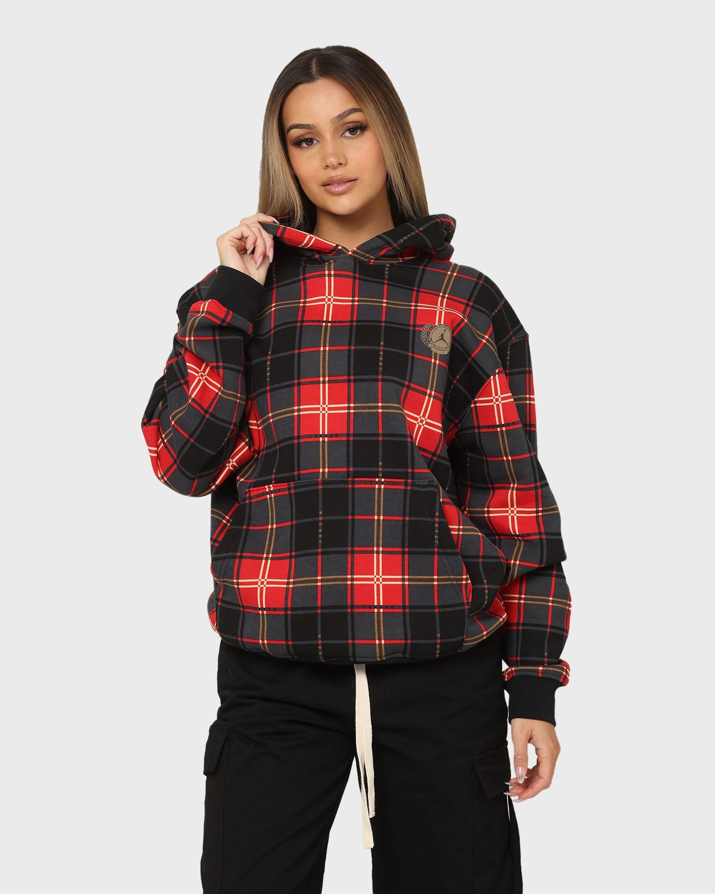 Involve Jordan Essential Holiday Plaid Fleece Pullover Hoodie Fire Red