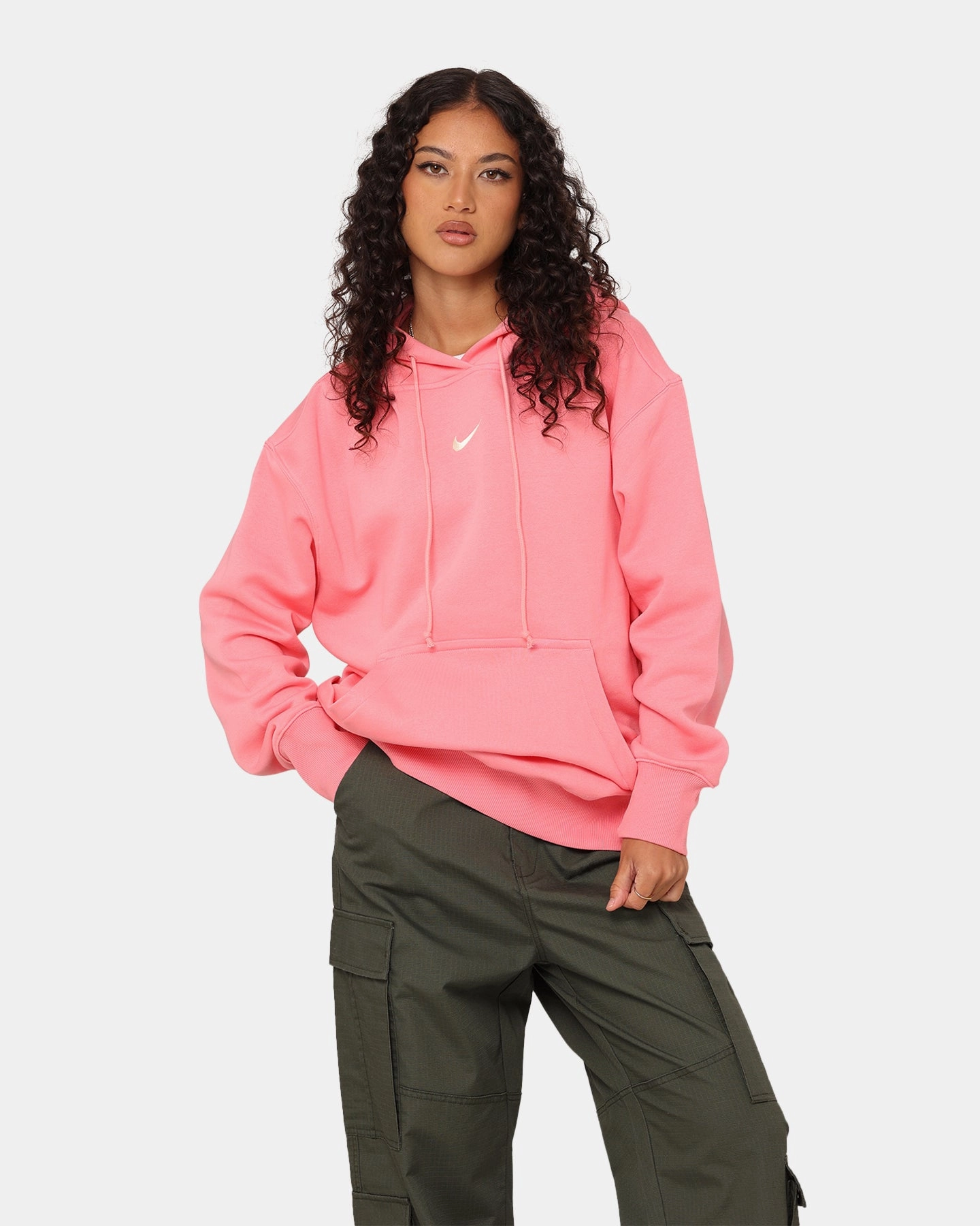 Nike Women's Sportswear Phoenix Fleece Oversized Pullover Hoodie Coral Chalk/Sail Breathable Mesh Panels
