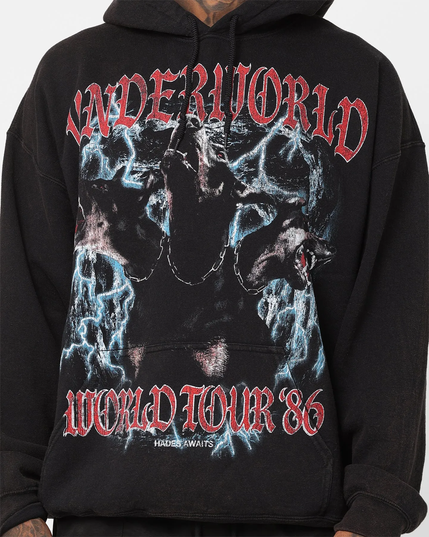 American Thrift Underworld Tour Hoodie Black Wash work - from - home Adjustable Drawstring Waist