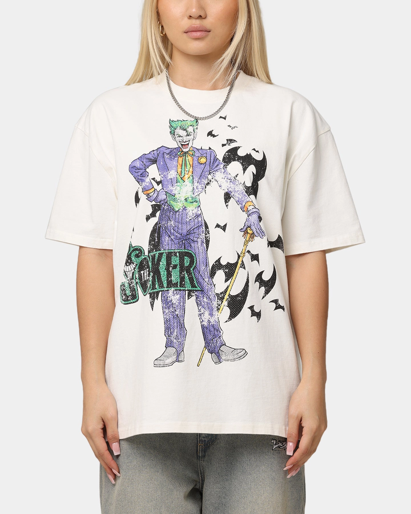 American Thrift X DC Batman The Joker Cane Heavy T-Shirt Off White Relaxed Look