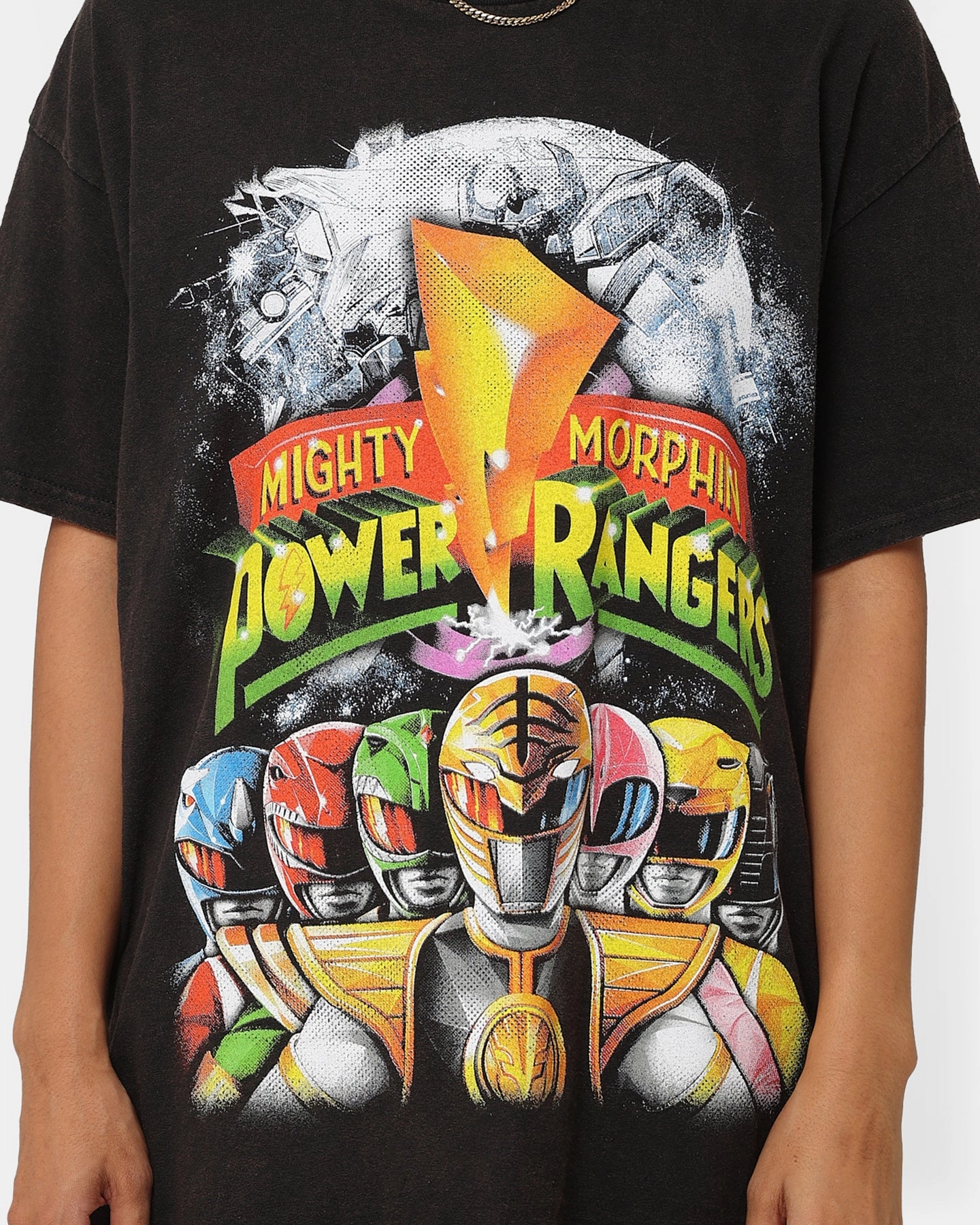 Animal Print American Thrift X Power Rangers Mighty Morphin Vintage T-Shirt Black Wash