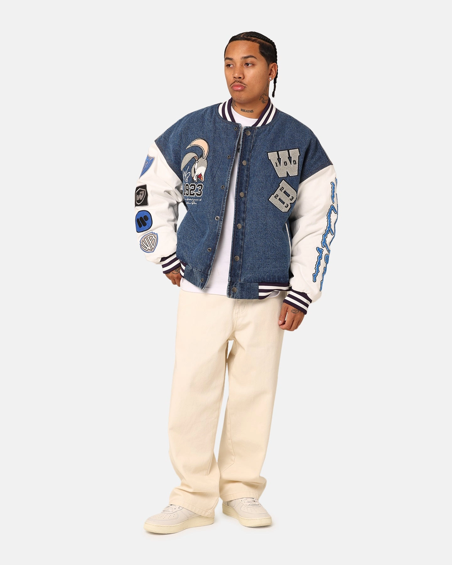 Neutral Defy American Thrift X Warner Bros. 100 Years Varsity Jacket Blue/Cream