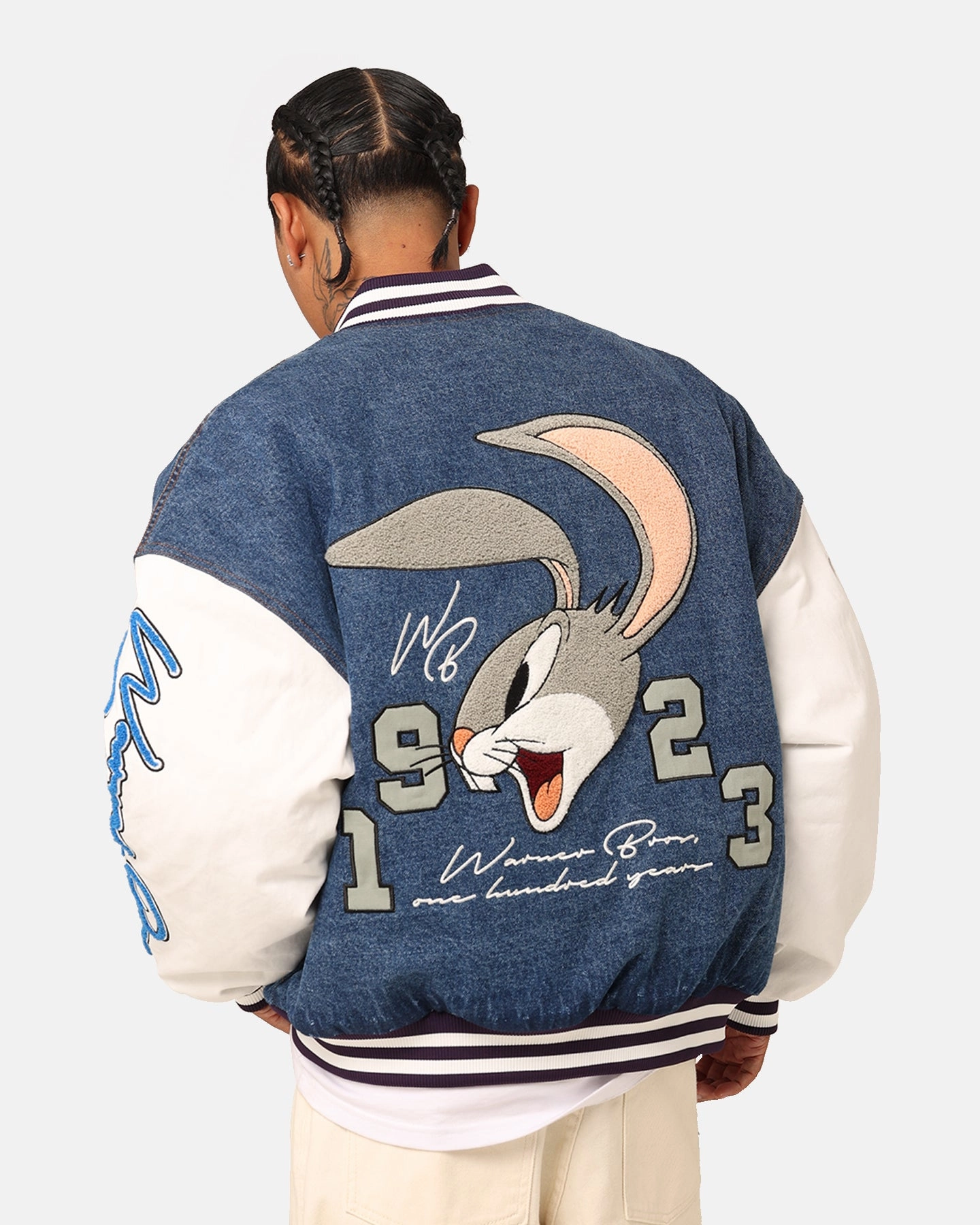 American Thrift X Warner Bros. 100 Years Varsity Jacket Blue/Cream Interchangeable Liner System suitable for night wear