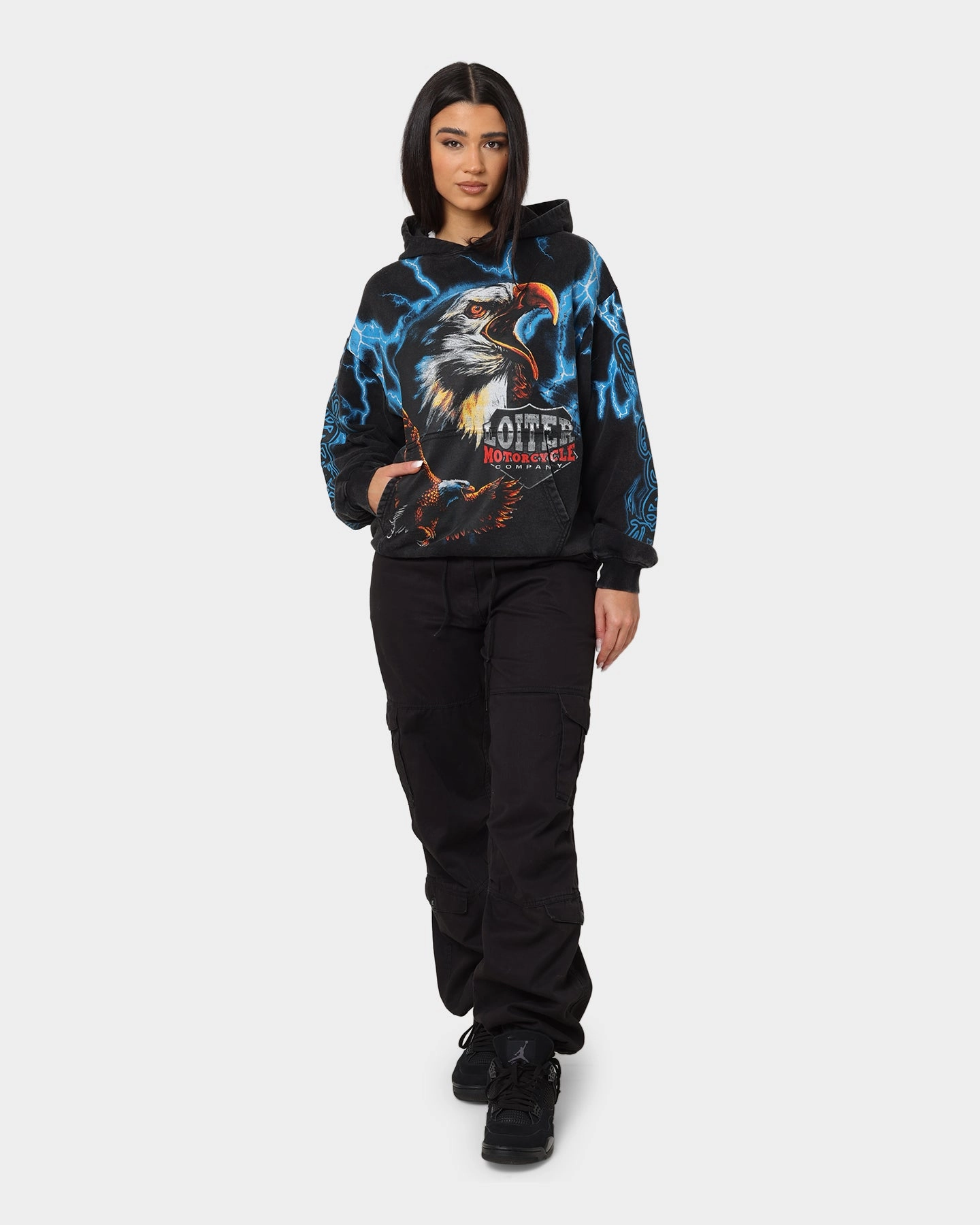 Loiter Lightning Eagle Vintage Hoodie Vintage Black Publish Easy Care Fabric