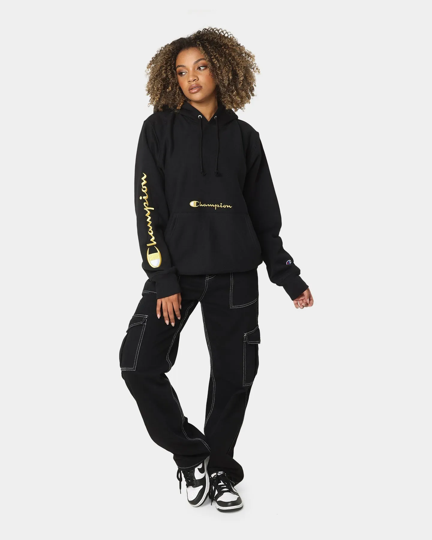 Summer Wear LayeredComfort Champion Men's Rev Weave Script Hoodie Black/Gold