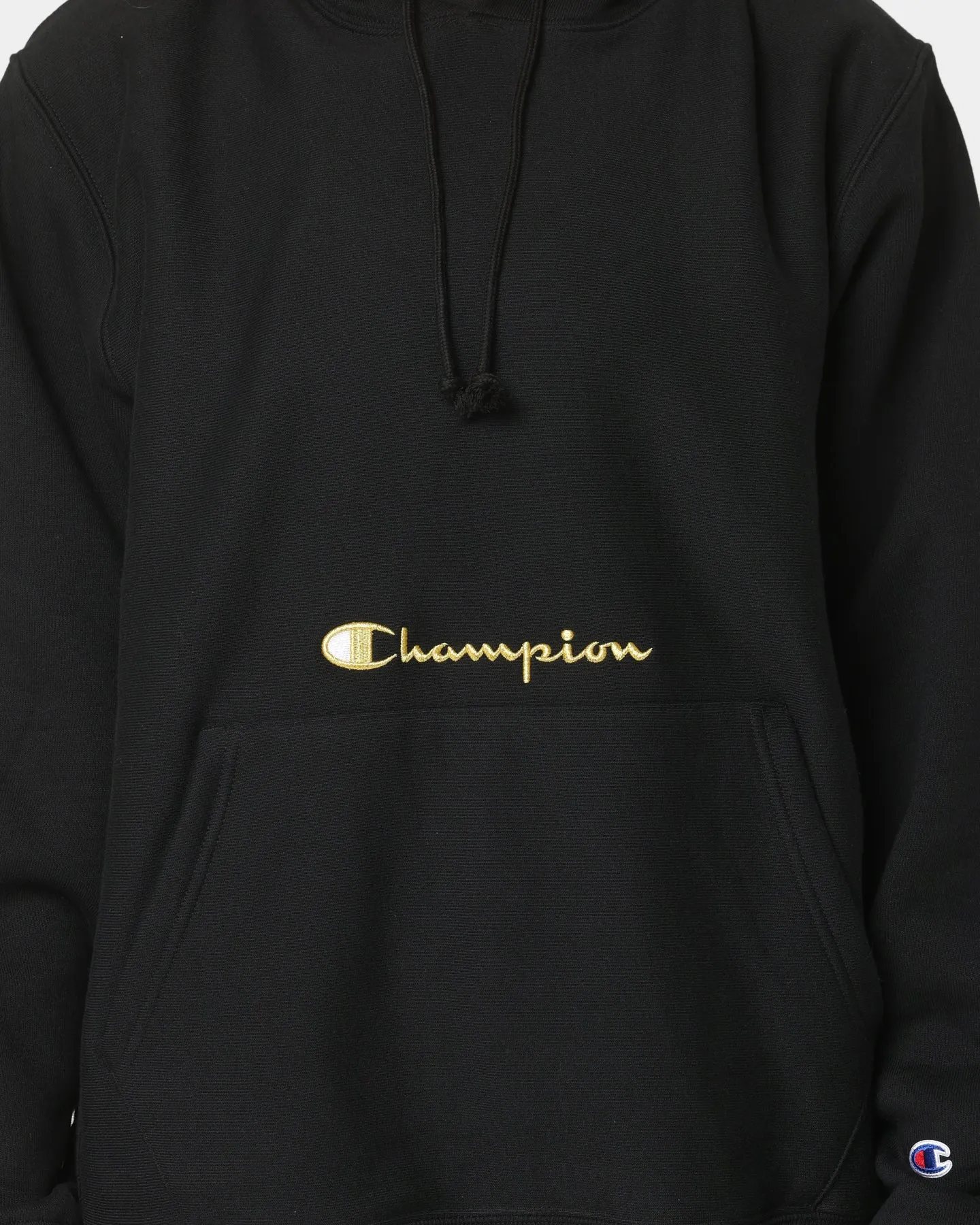 Champion Men's Rev Weave Script Hoodie Black/Gold Windproof Design Persist