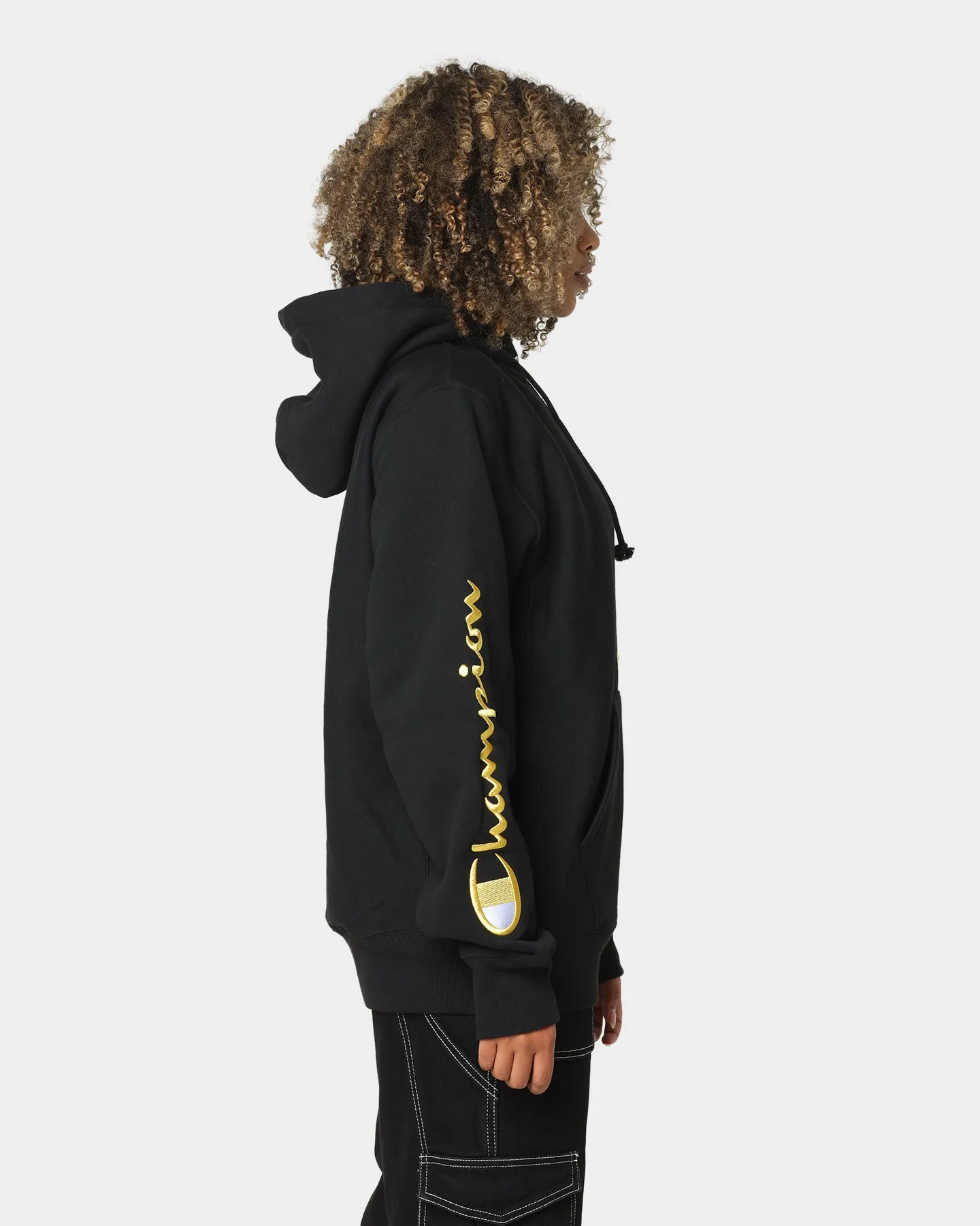 Champion Men's Rev Weave Script Hoodie Black/Gold cloudy
