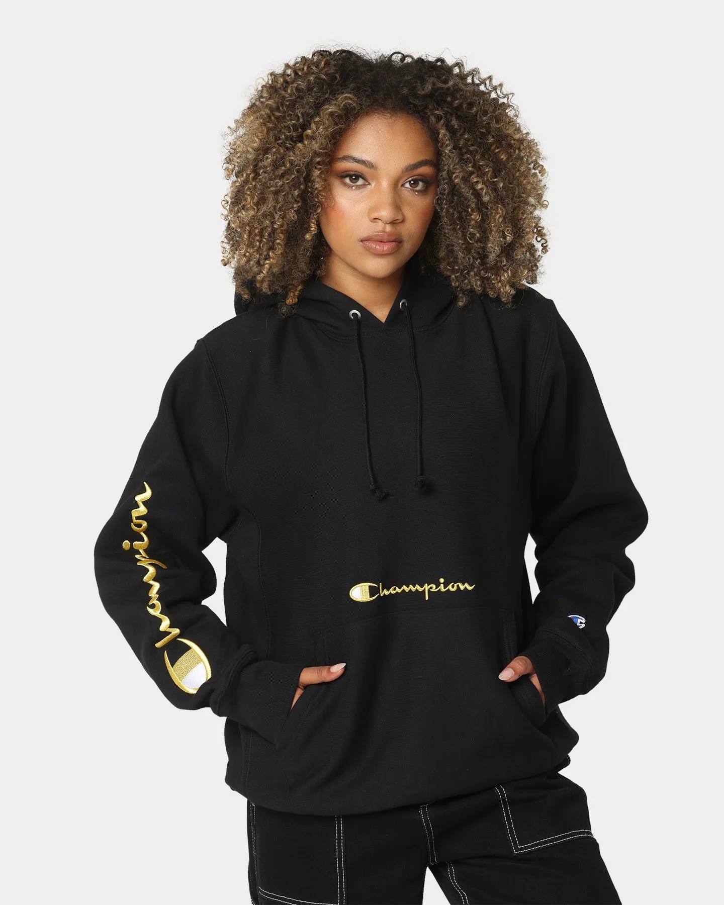 Layer Essential Slim-fit Champion Men's Rev Weave Script Hoodie Black/Gold