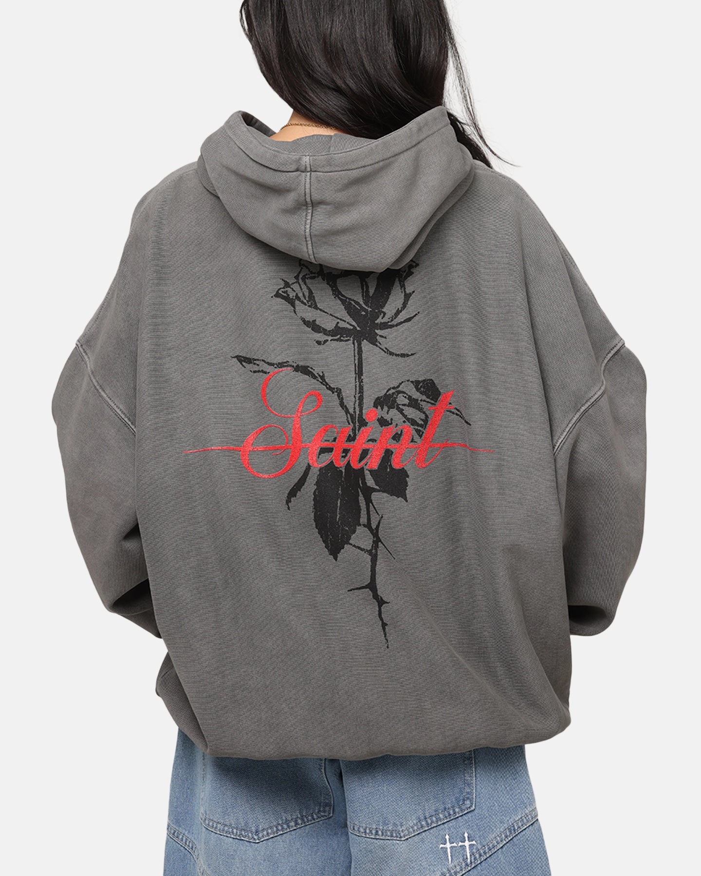 Spread MultiPocket Design Saint Morta St Valentines Boxy Hoodie Washed Charcoal