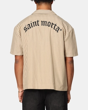 Ventilated Back Saint Morta Gothic Pinstripe Button Up Shirt Tan